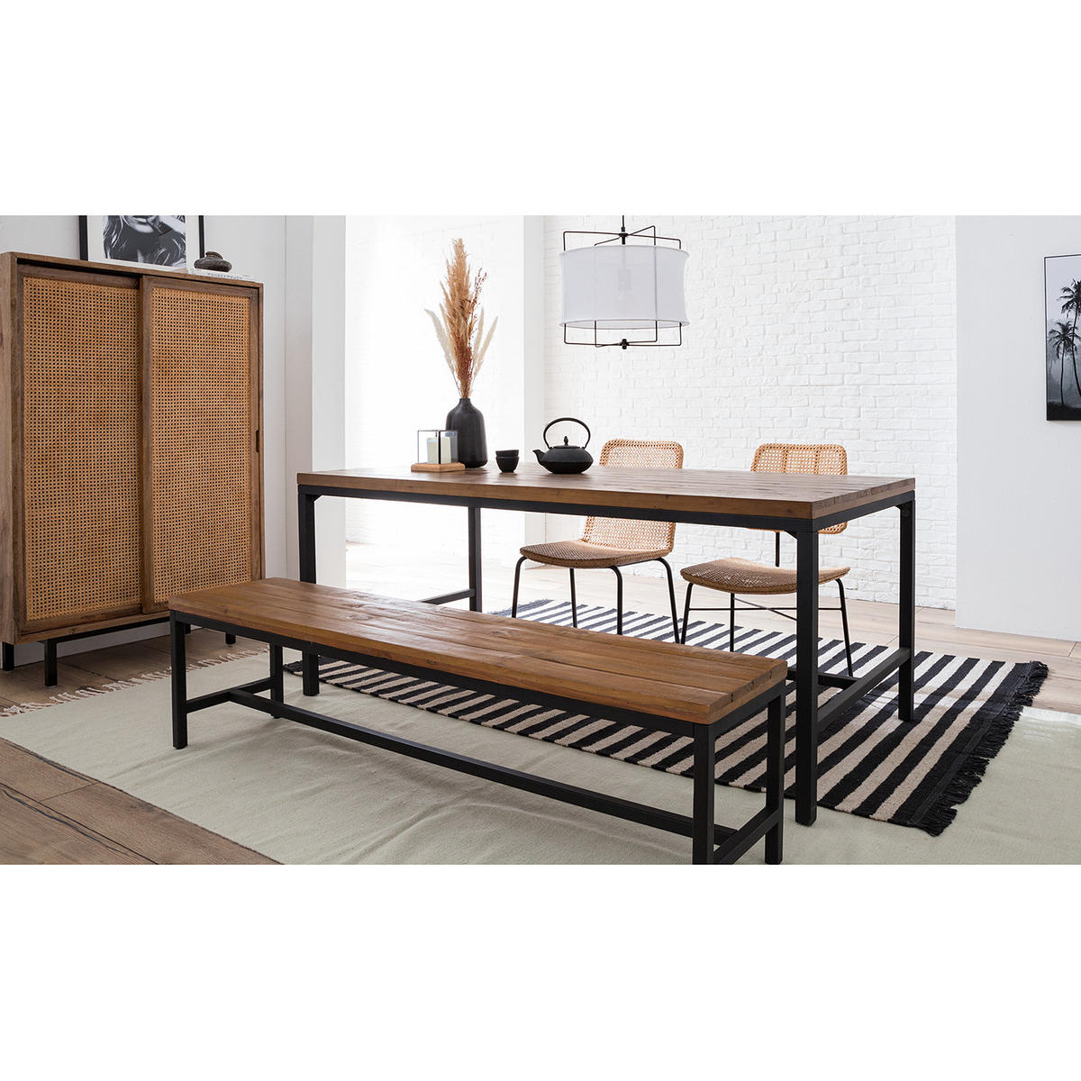 SITZBANK - Pinie massiv / Metall - Schwarz/Pinienfarben, Holz (170/45/37cm) - home24