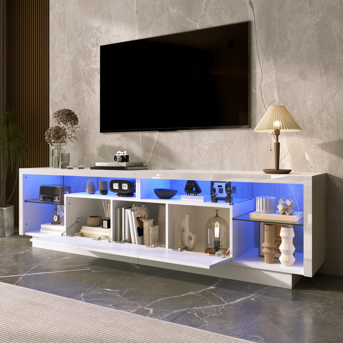 TV-SCHRANK 200/38/55 cm Weiß Hochglanz mit LED-App und 3 Türen - Weiß, Holzwerkstoff (200/55/38cm) - Oxeza