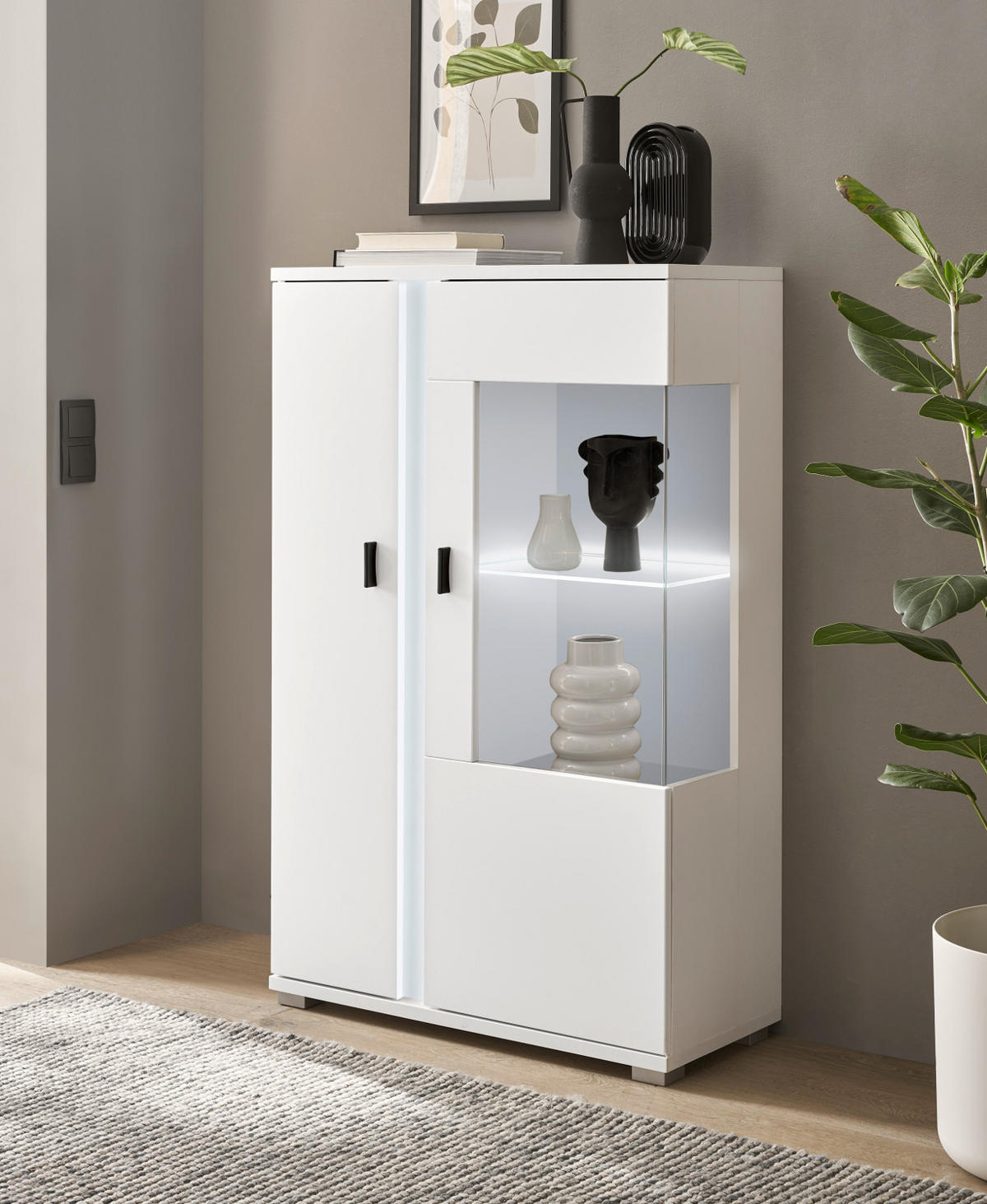 VITRINE weiß matt, Highboard inklusive Frontbeleuchtung 80 x 125 cm - Silberfarben/Schwarz, Glas/Holzwerkstoff (80/125/35cm) - Furn.Design