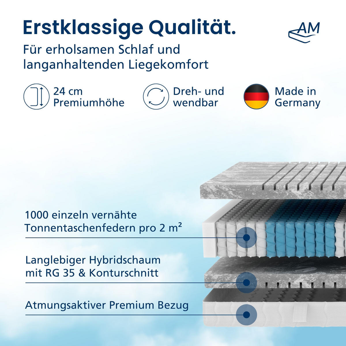 TASCHENFEDERKERNMATRATZE 3D Deluxe 140/200 cm H2 - 24cm Höhe & Tencel Bezug - Weiß, Textil (140/200cm) - AM Qualitätsmatratzen