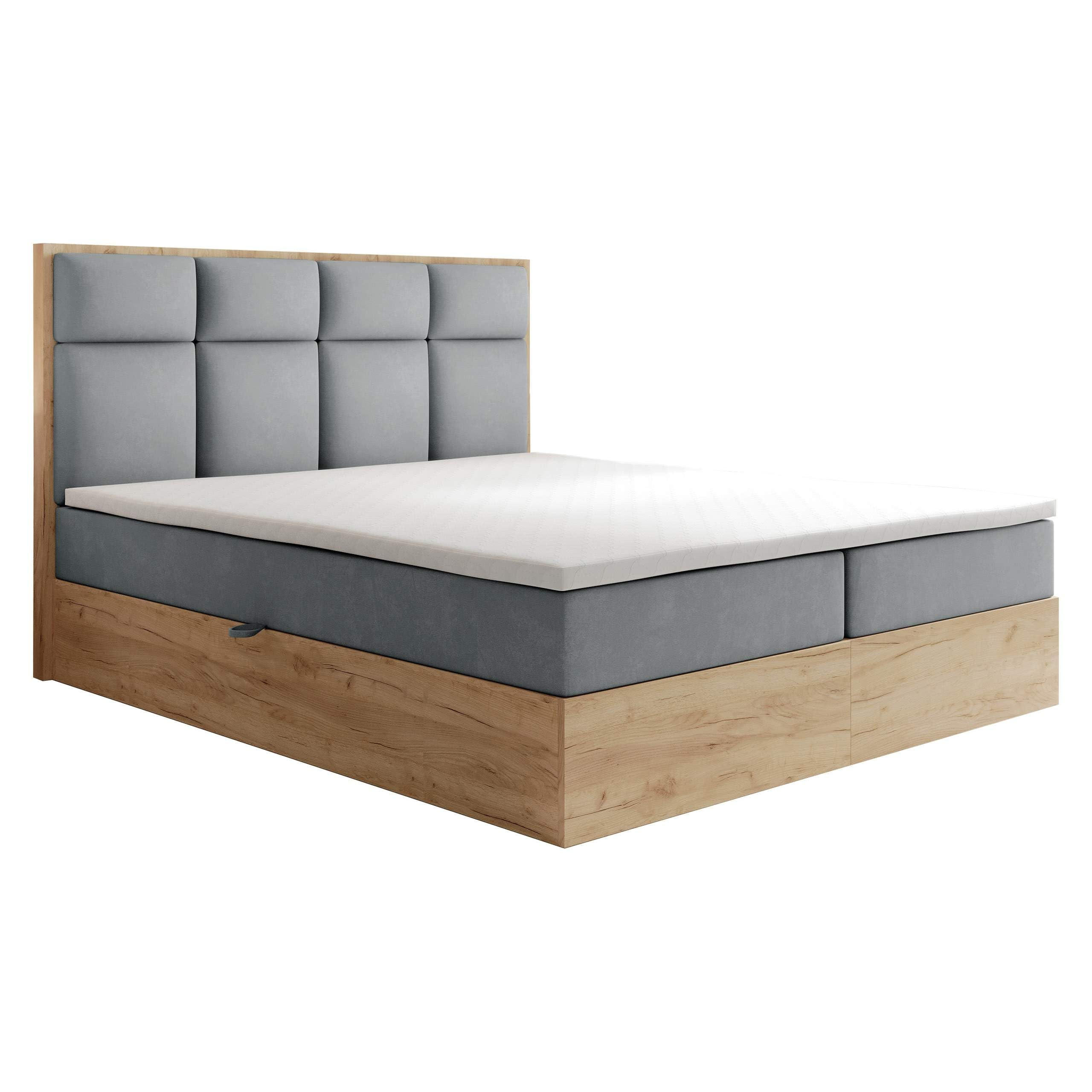 BOXBETT 180 x 200 cm mit Bettkasten und Taschenmatratze H3, SELVA mit Topper 5 cm und Holzelemente, Grau - Grau, Holzwerkstoff/Kunststoff (180/200cm) - Trada
