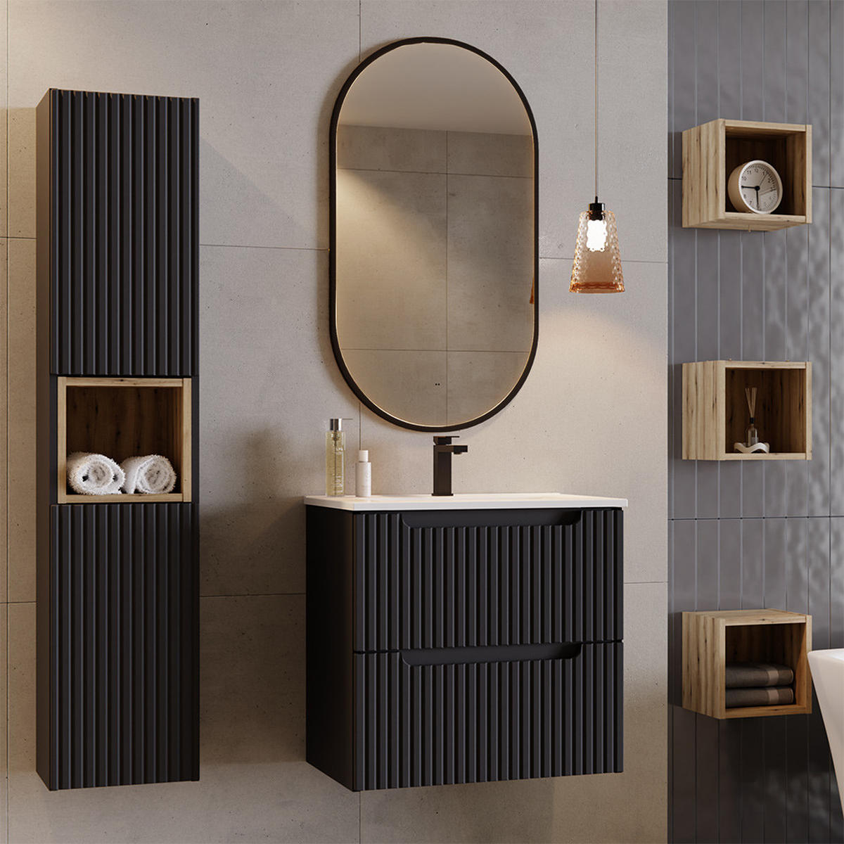 BADMÖBEL-SET 6-TLG. Newport-56 - Schwarz, Holzwerkstoff (180/200/40cm) - Lomado