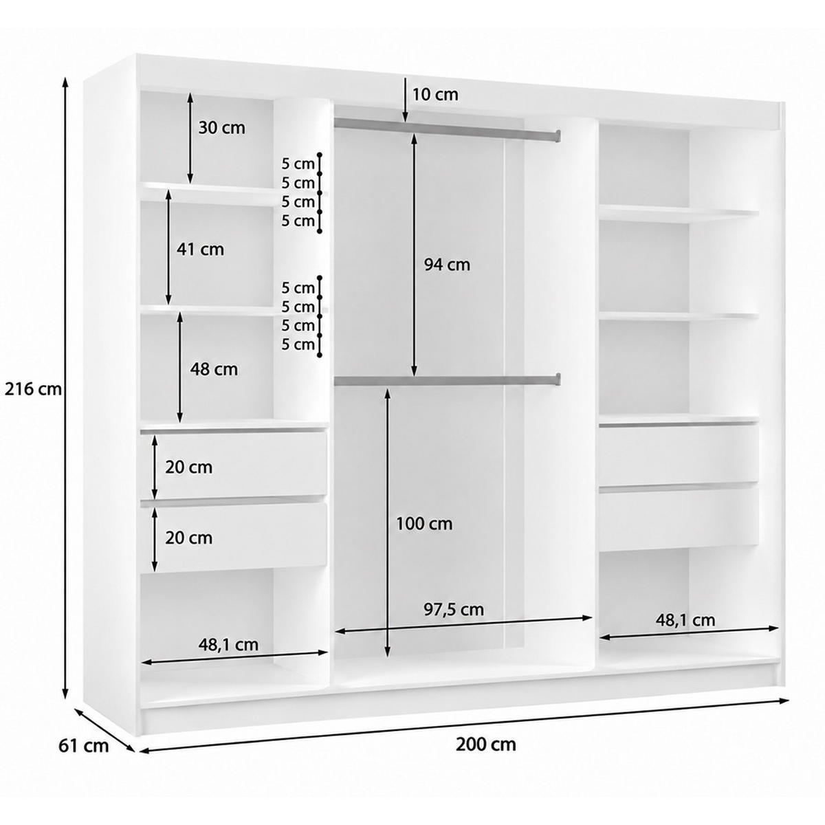 KLEIDERSCHRANK Nox 200 cm Graphit Spiegel 2 Schubladen Griffe silber - Graphitfarben, Holzwerkstoff (200/216/61cm) - KS Home Concept