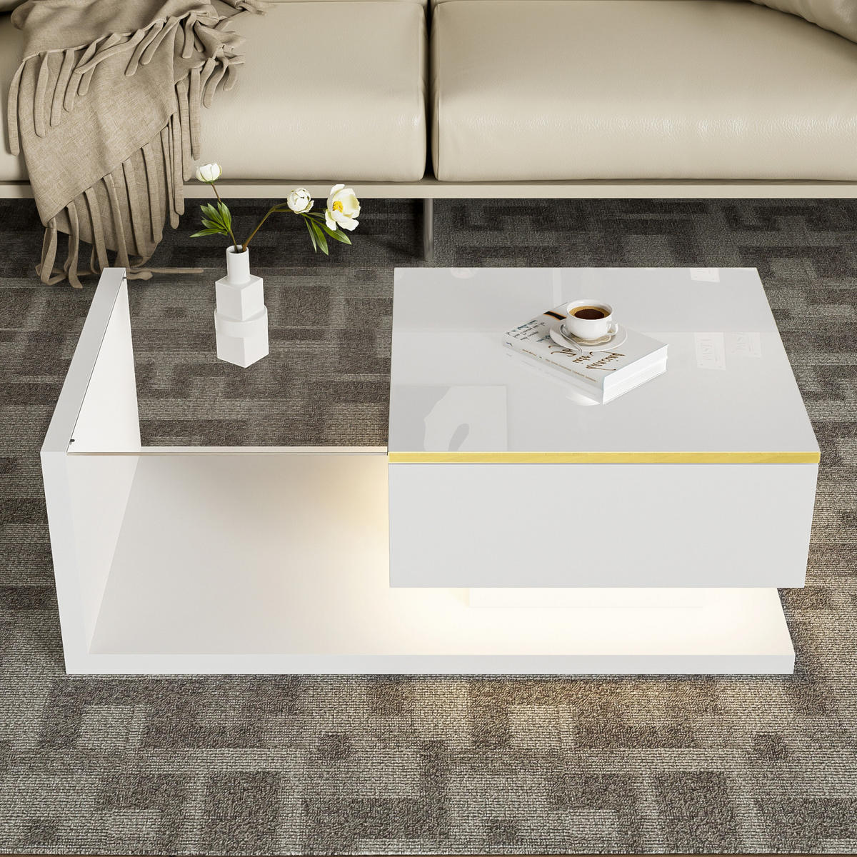COUCHTISCH Weiß mit verstellbarer LED und Glasplatte - Weiß, Metall (90/50/32cm)