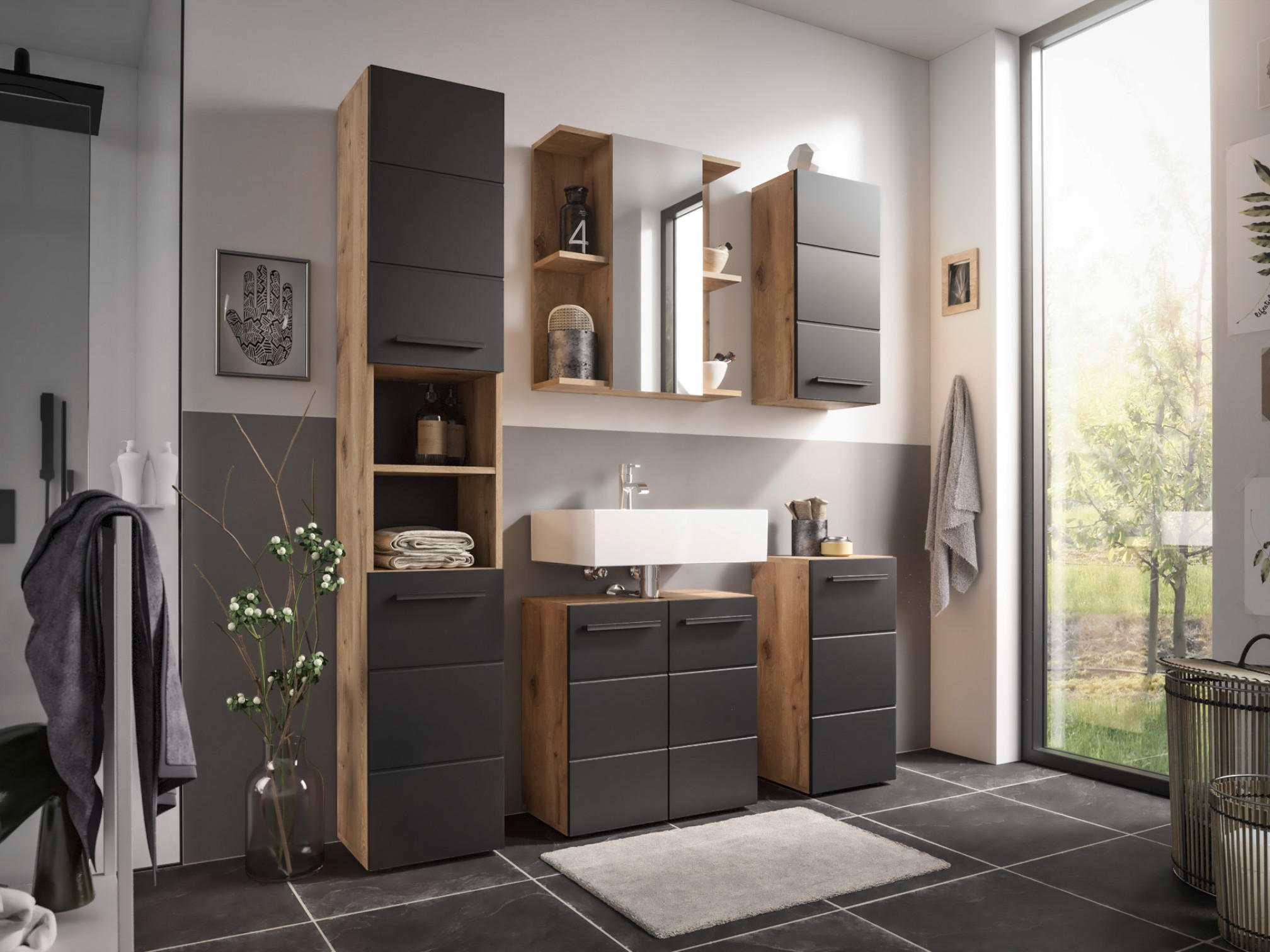 Thumbnail - moebel dich auf Badmöbel, Schwarz, Kunststoff, 188x190x31 cm, Badezimmer, Badmöbelsets & Badmöbelserien, Badmöbel-Sets