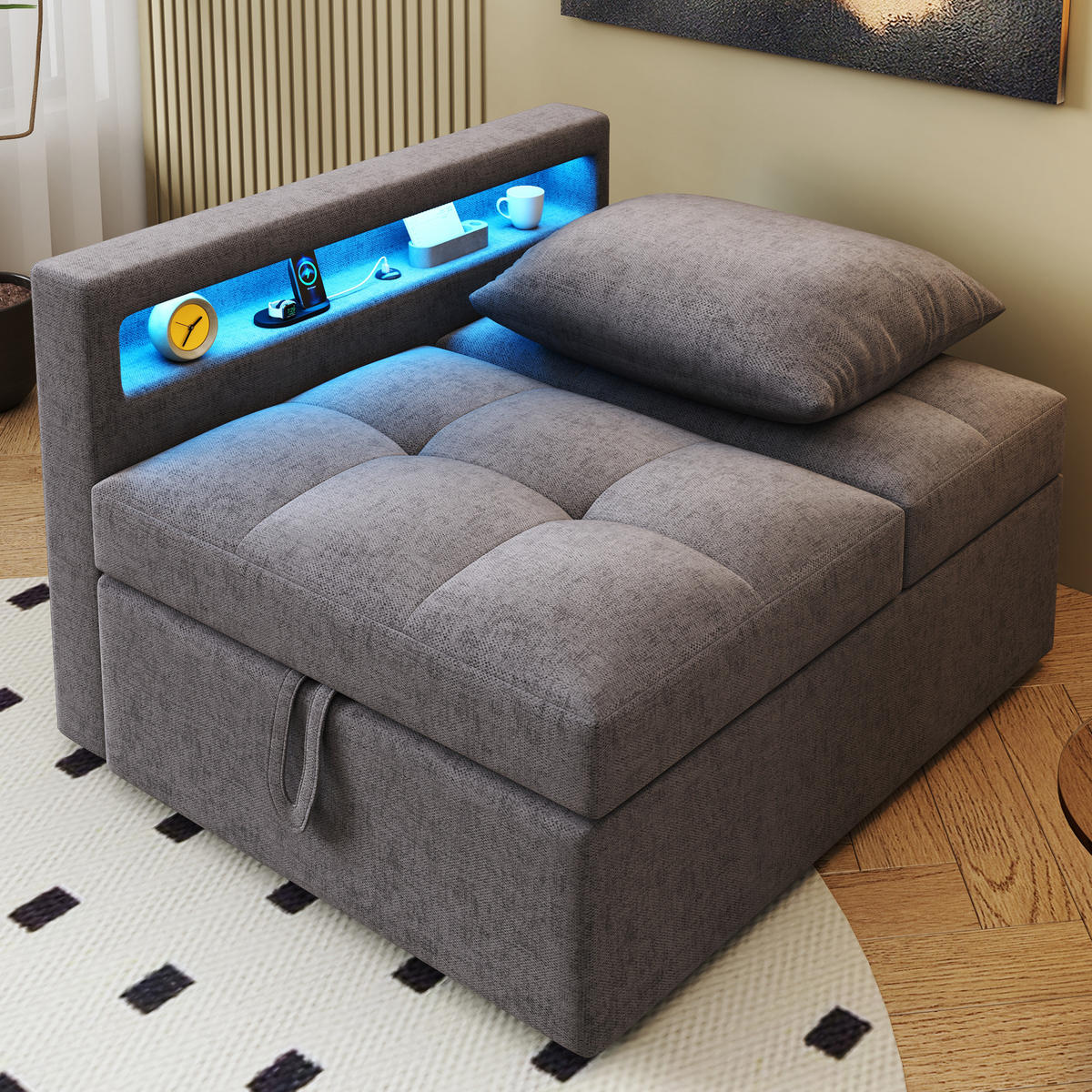 SCHLAFSOFA 3-in-1 Dunkelgrau mit verstellbarer Rückenlehne & USB-Anschlüssen 177/68/65 cm - Dunkelgrau, Leder (68/65/97cm) - OKWISH
