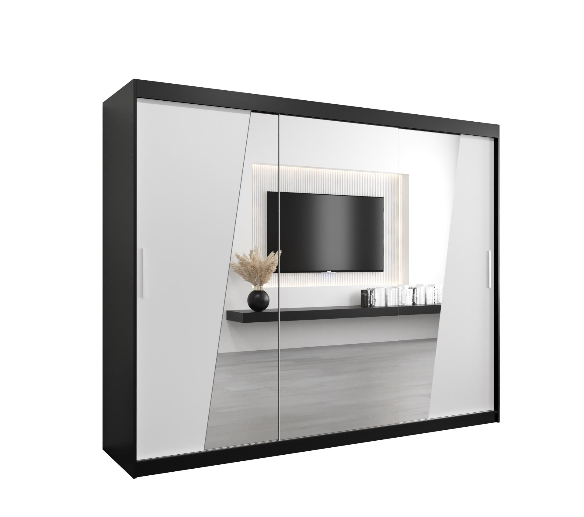Abiks Möbel Schwebetürenschrank Schwarz, Weiß 250x200x62 cm