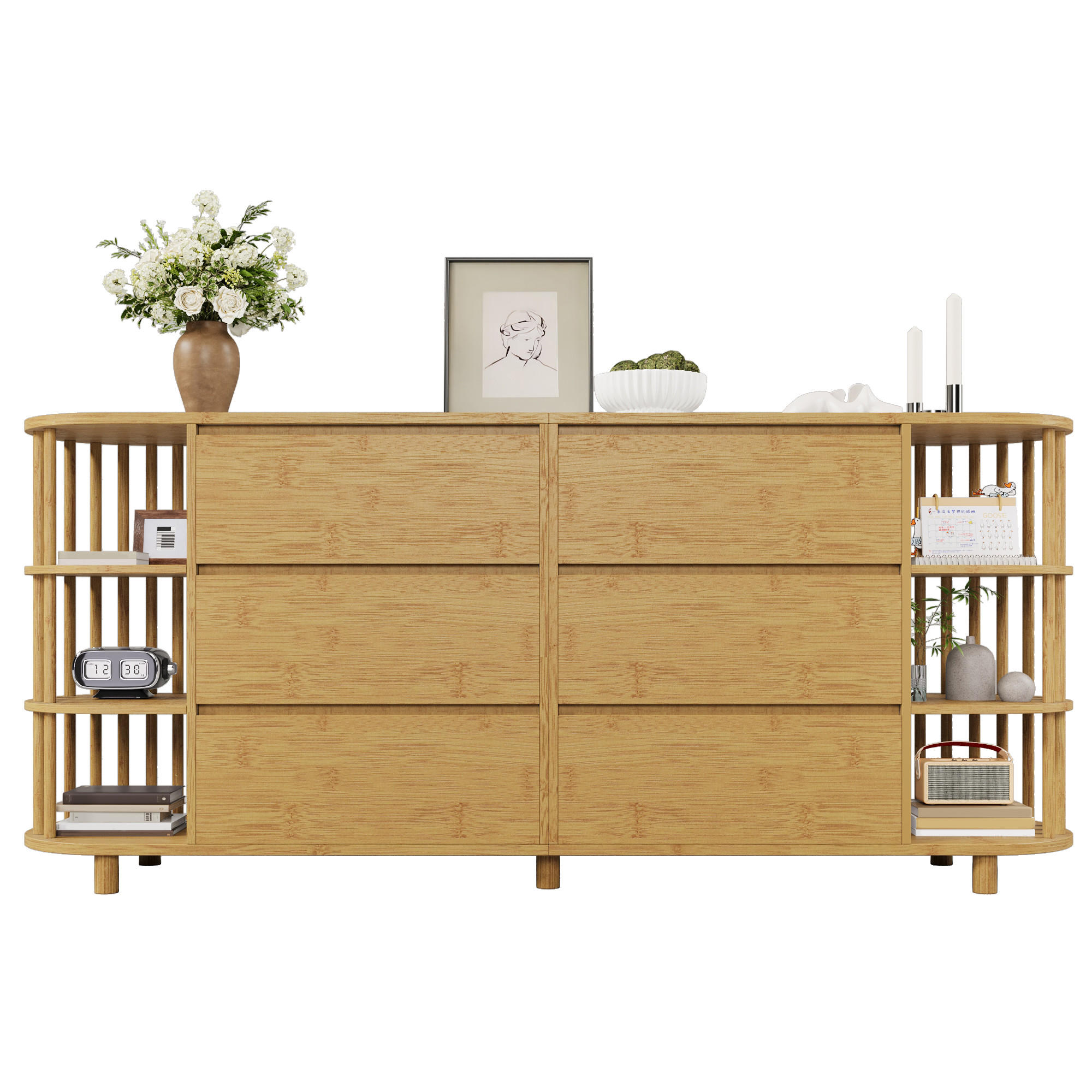 KOMMODE in Eichefarben mit Schubladen und Bambus-Regalen für Wohnzimmer, B160/T40/H75 cm - Eichefarben, Holzwerkstoff (160/75/40cm) - STILVORA