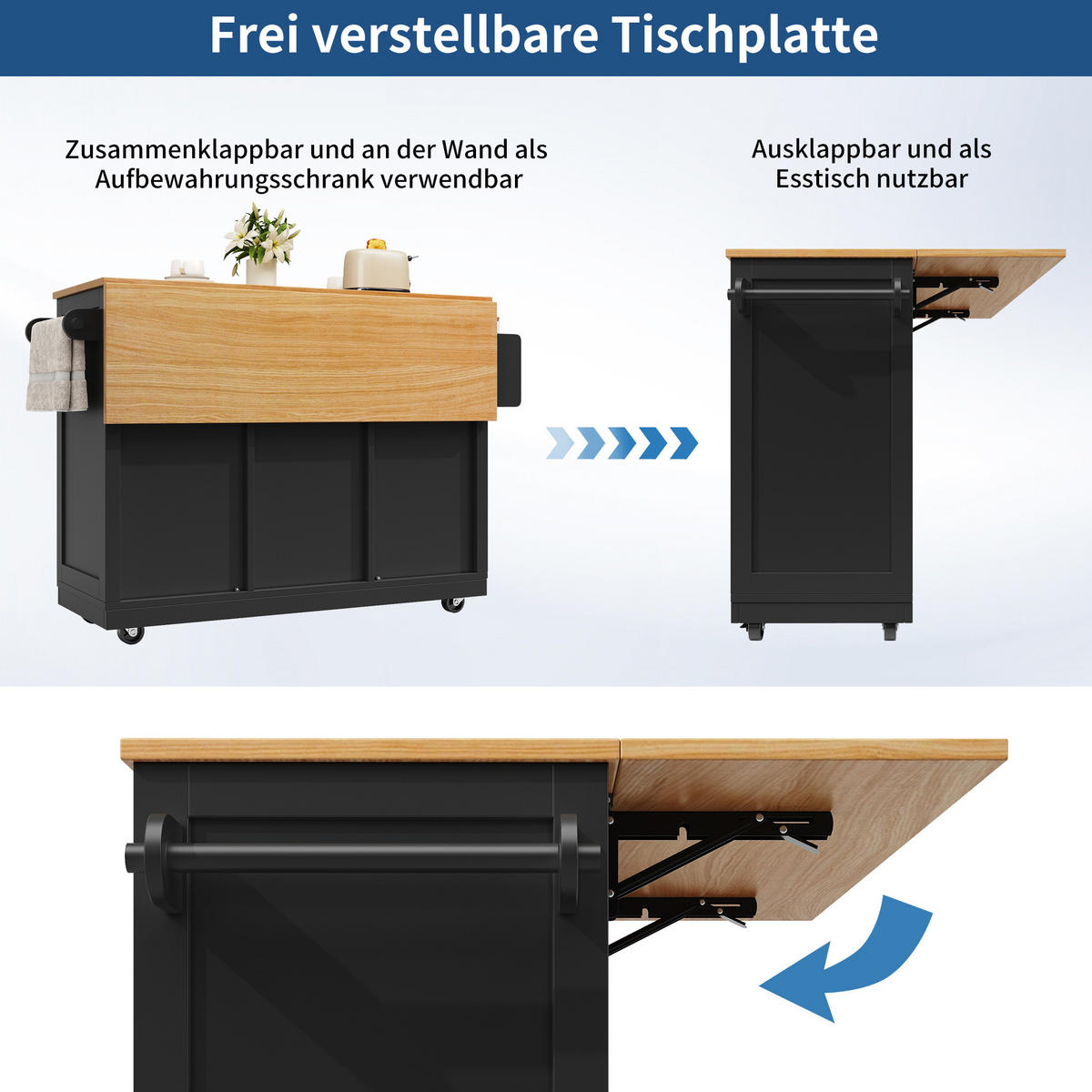 KUCHYŇSKÝ ostrůvek 140/70/93,5 cm černý z MDF s výklopnou deskou, koly a držákem na ručníky - černá, kompozitní dřevo (140/93.5/40cm) - OKWISH