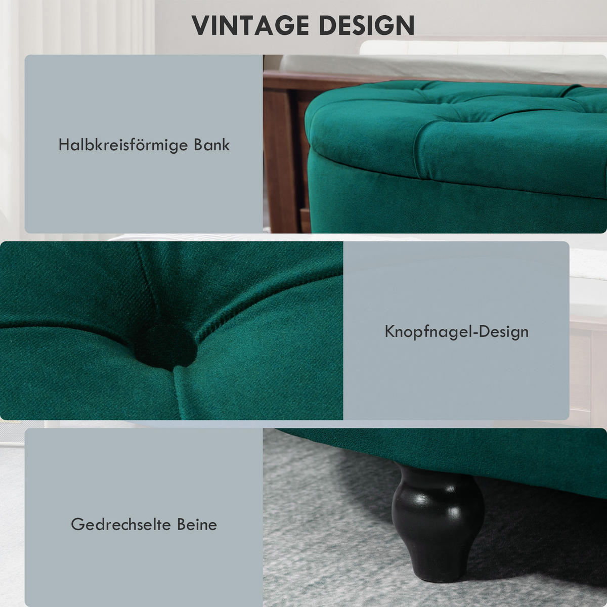 SITZBANK mit Stauraum Sitztruhe mit geöffnetem Deckel, Velvet-Touch Dunkelgrün - Dunkelgrün/Schwarz, Holz/Kunststoff (46/42/120cm) - HOMCOM