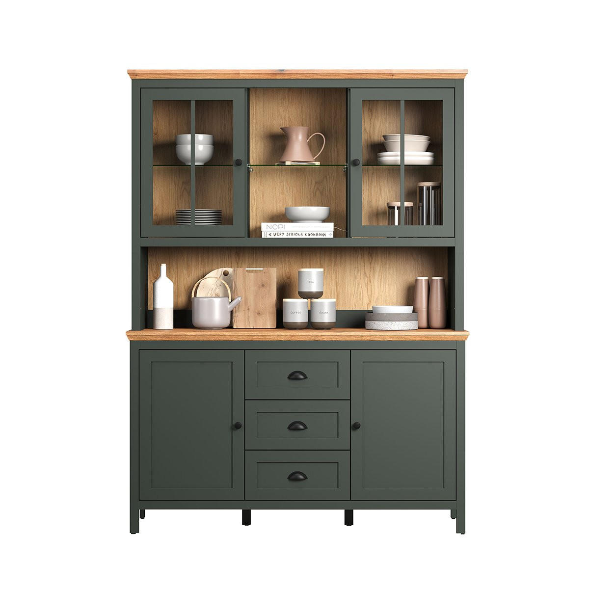 BUFFETSCHRANK mit LED-Beleuchtung, 4 Türen, 3 Schubladen und 2 Nischen H198 cm - Stanton - Grün, Holzwerkstoff (146/146/198cm) - Trendteam