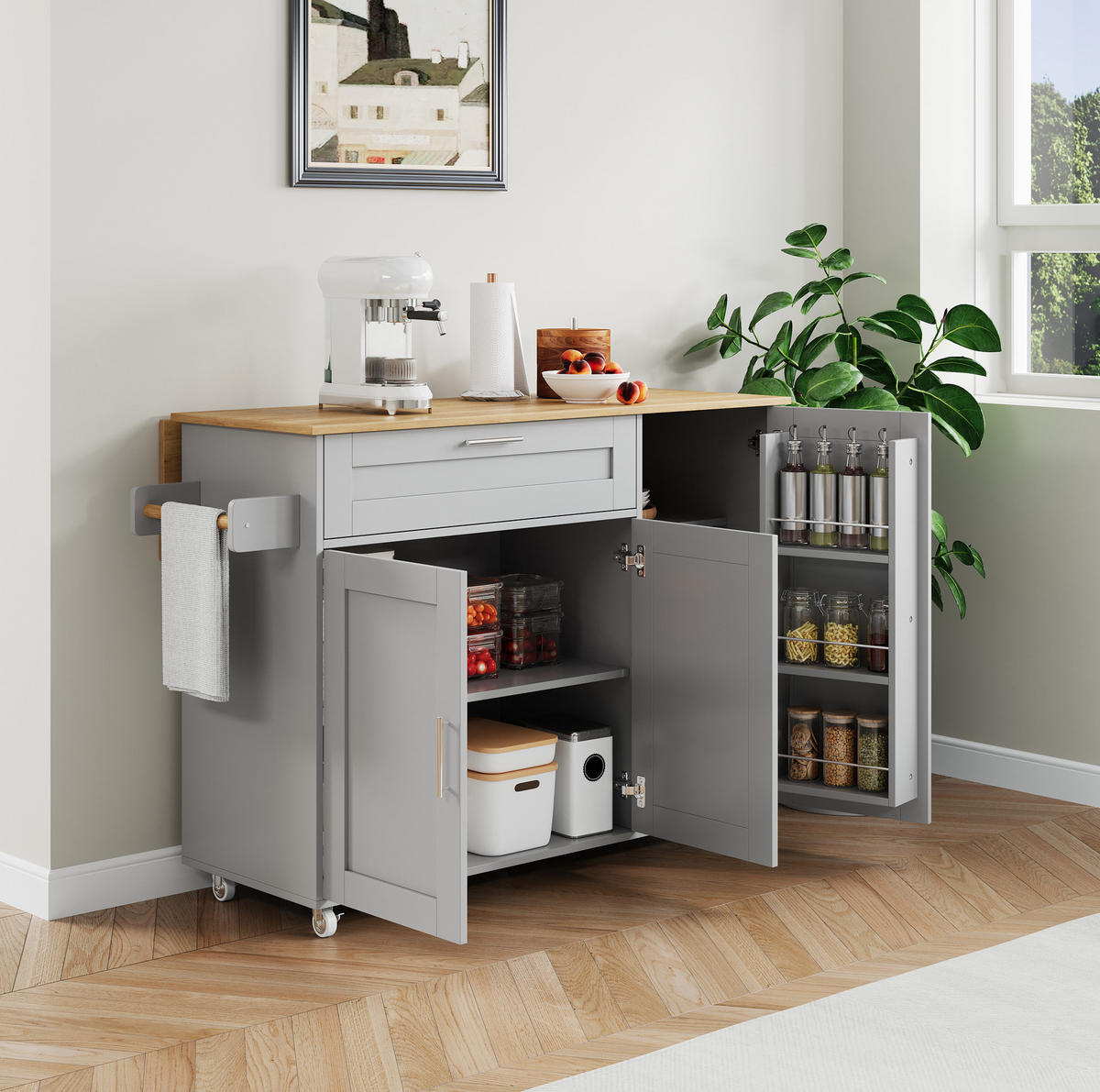 KÜCHENWAGEN mit klappbarer Arbeitsplatte 132,5 x 44(70) x 90 cm Grau - Grau, Holz (44/90/132.5cm) - Beauniv