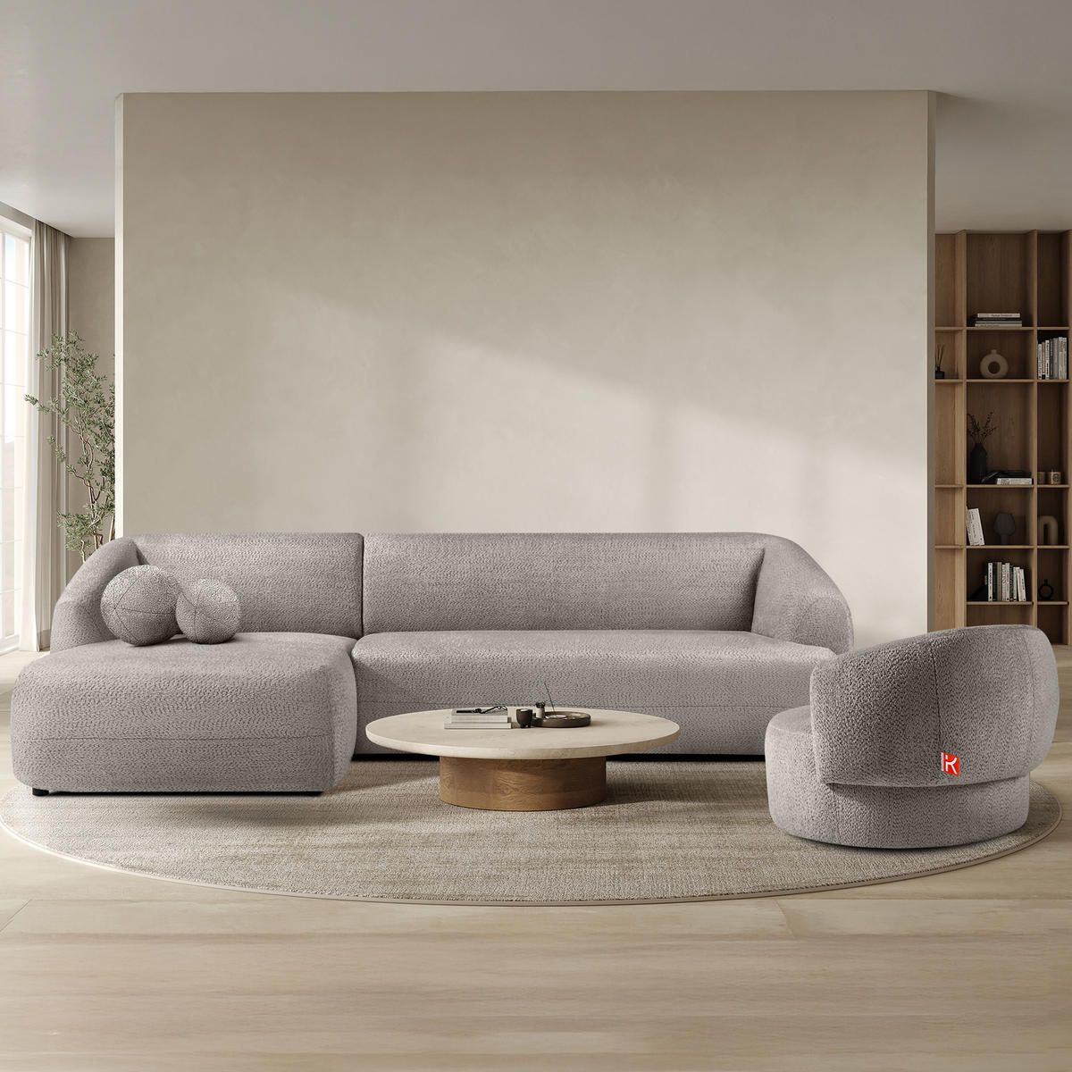 ECKSOFA LINKS VIRA, Kühles Braun, Chenille - Graubraun/Schwarz, Holz/Holzwerkstoff (300/160cm) - KONSIMO®