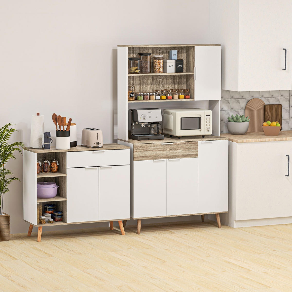 SIDEBOARD Weiß und Natur, 1 Schublade, 2 Türen, 95/35/85 cm - Weiß, Holz (95/85/35cm) - PANGIVO