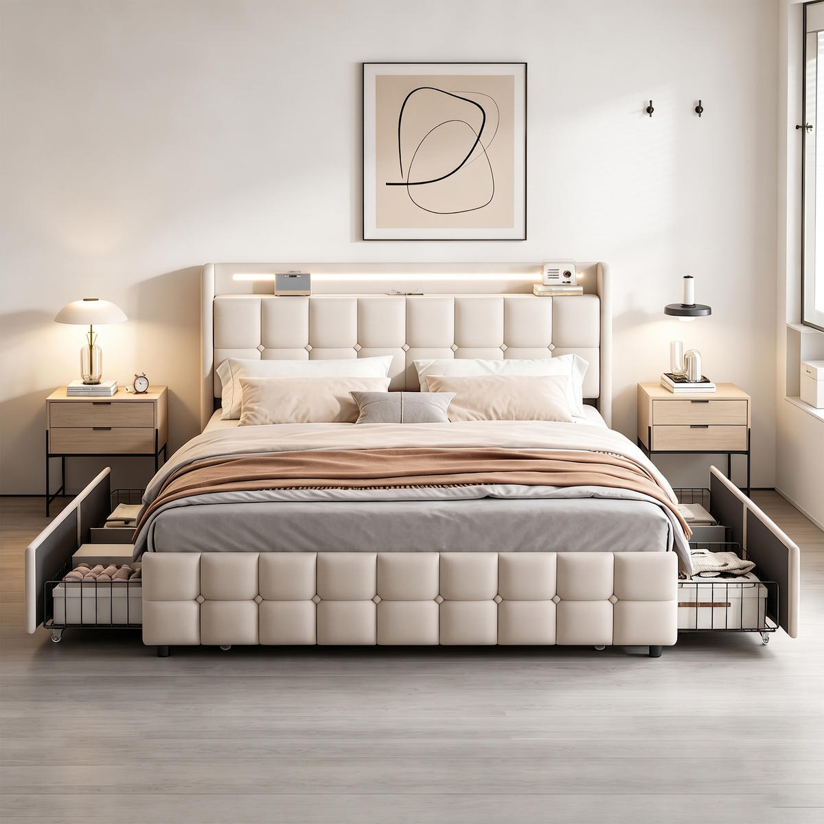 POLSTERBETT 160x200 mit Stauraum, Bettgestell 160x200 mit 4 Schubladen, Kopfteil mit USB und LED, Lattenrost, Bezug aus Leinen, Beige - Beige, Holz/Holzwerkstoff (160/200cm) - GENKI LIVING