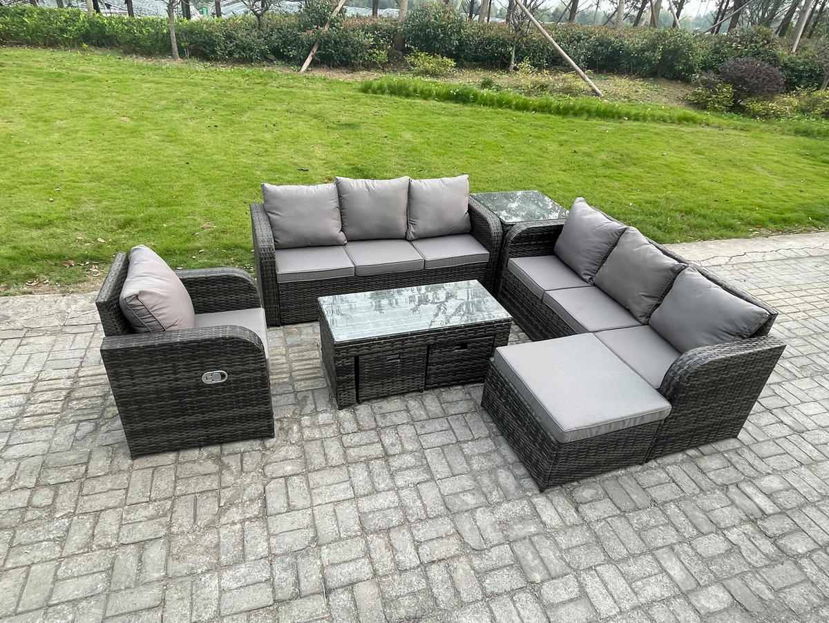 GARTENSOFA SET mit rechteckigem COUCHTISCH Polyrattan 10-Sitzer Dunkelgrau - Dunkelgrau/Grau, Glas/Kunststoff - Fimous