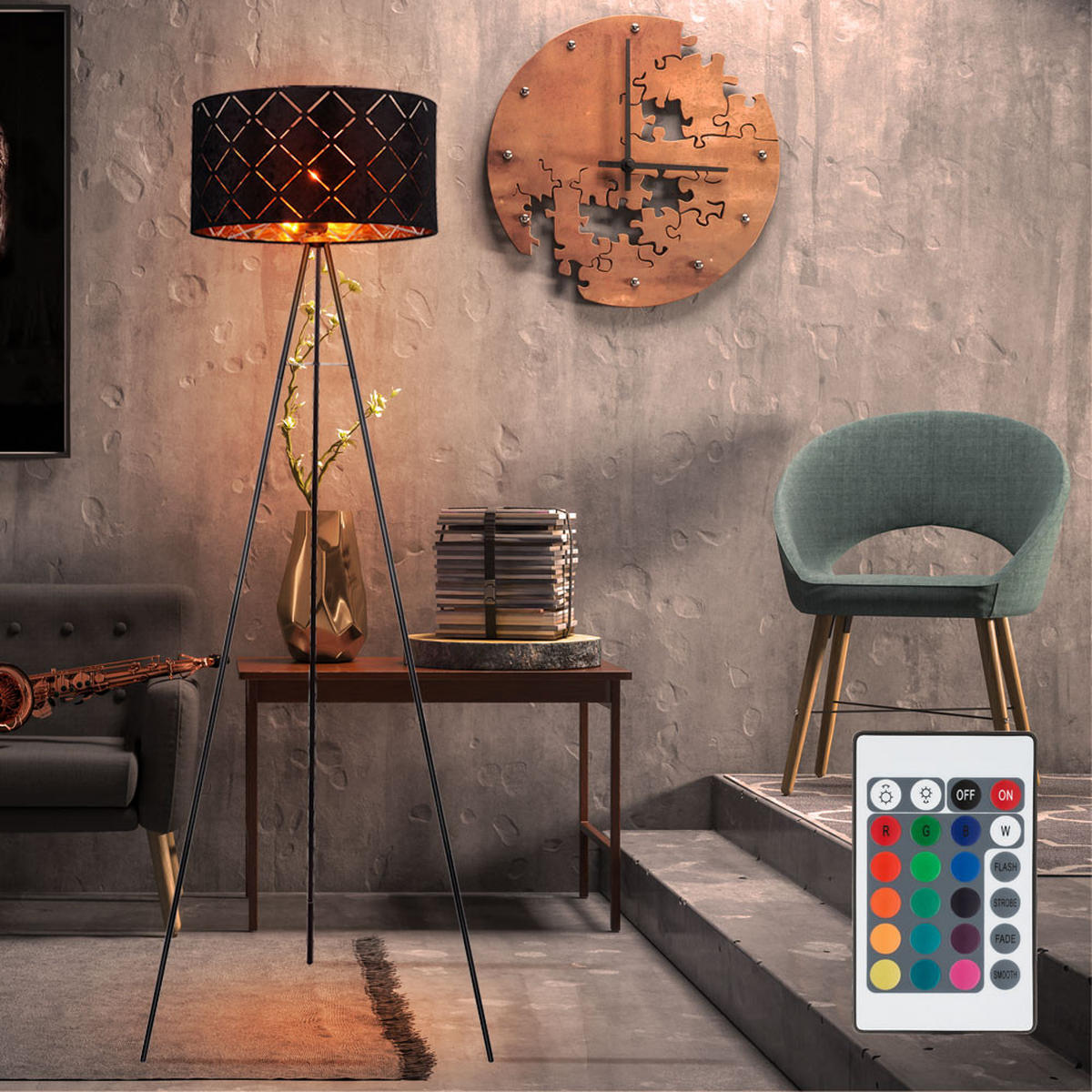 LED STEHLEUCHTE SUNNA Schwarz Metall Textil - Schwarz, Metall (69/69/149cm) - Globo Lighting