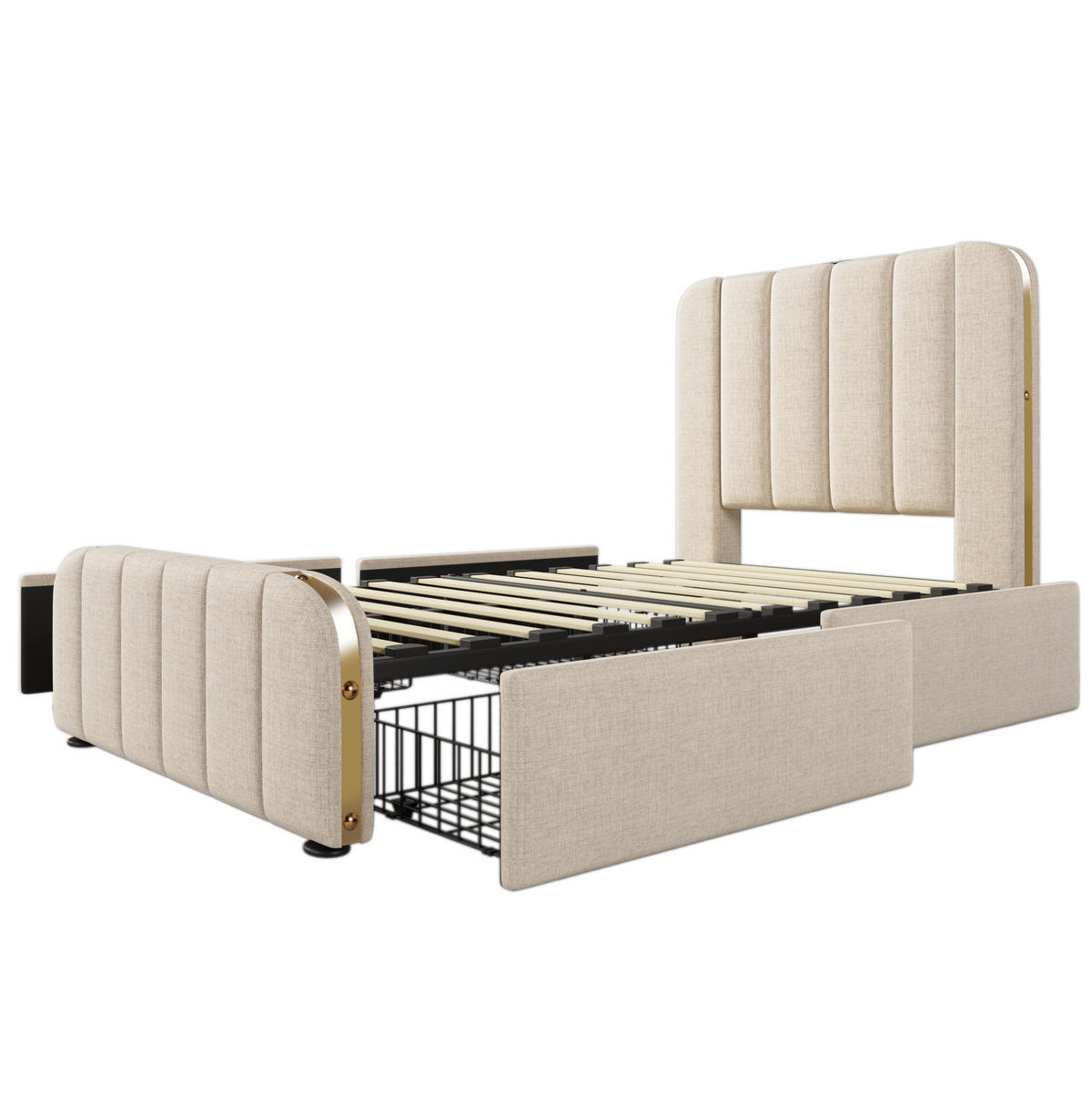 POLSTERBETT 90/200 cm Beige aus Leinen mit 4 Schubladen - Beige, Textil (90/200cm) - OKMYHOME
