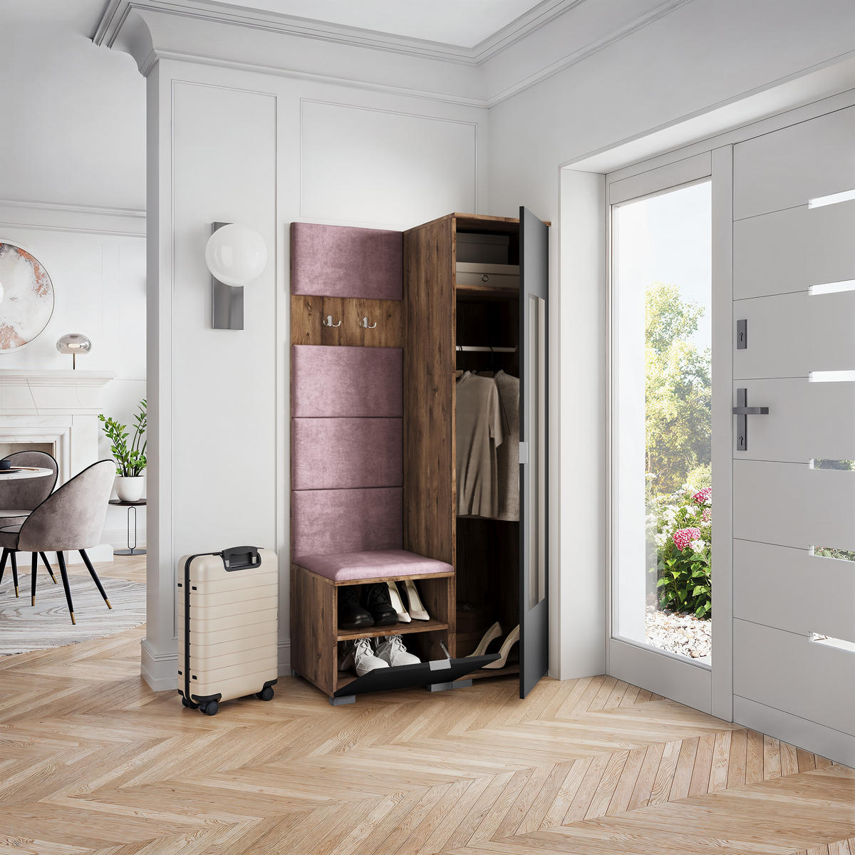 GARDEROBENSCHRANK VIRA 95/181/51 cm Modern Garderobe-Set Eiche Lefkas - Eichefarben/Lila, Holzwerkstoff (95/181/51cm) - MASSENO