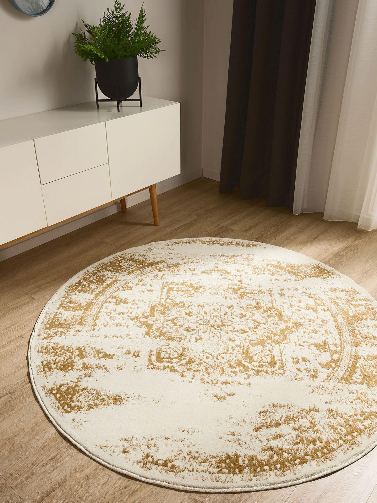 VINTAGE-TEPPICH Suki ø 120 cm rund - Gelb/Creme, Kunststoff (120/120cm) - benuta