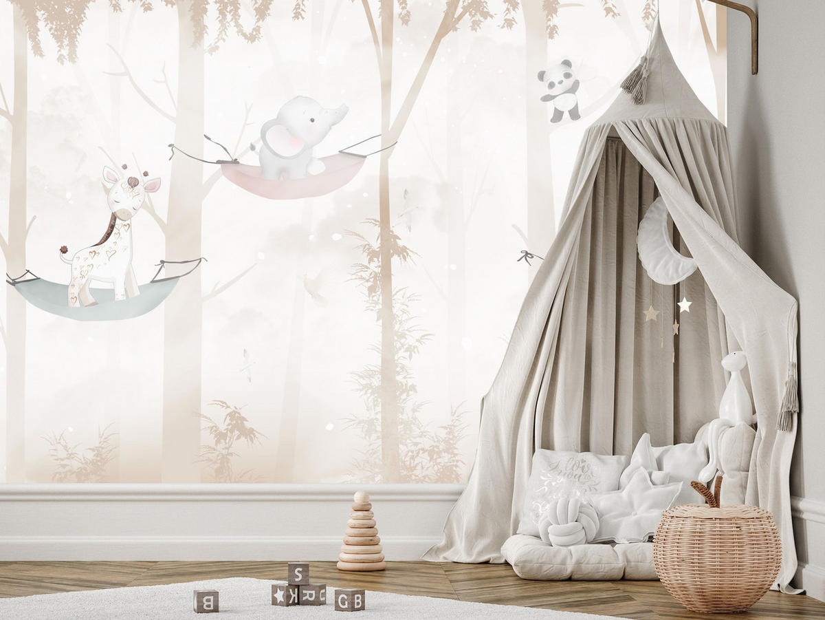 FOTOTAPETE für Kinderzimmer Tiere Hängematten WALD Elefant Giraffe 450x315 - Beige/Schwarz, Papier (450/315cm) - Muralo