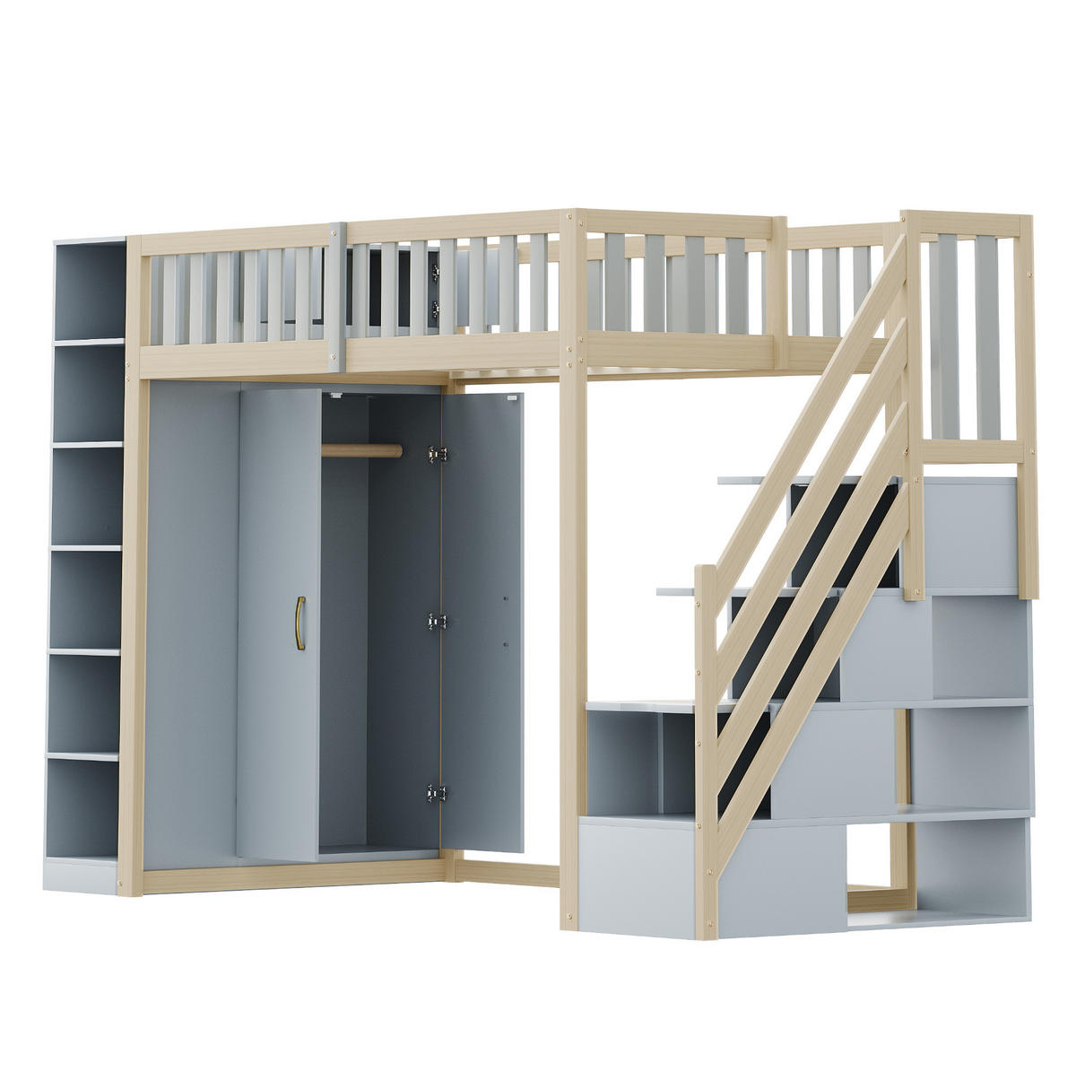 HOCHBETT 90/200 cm mit Kleiderschrank, Regalen und Stauraumleiter, Grau/Natur - Grau, Holzwerkstoff (90/200cm) - Redom