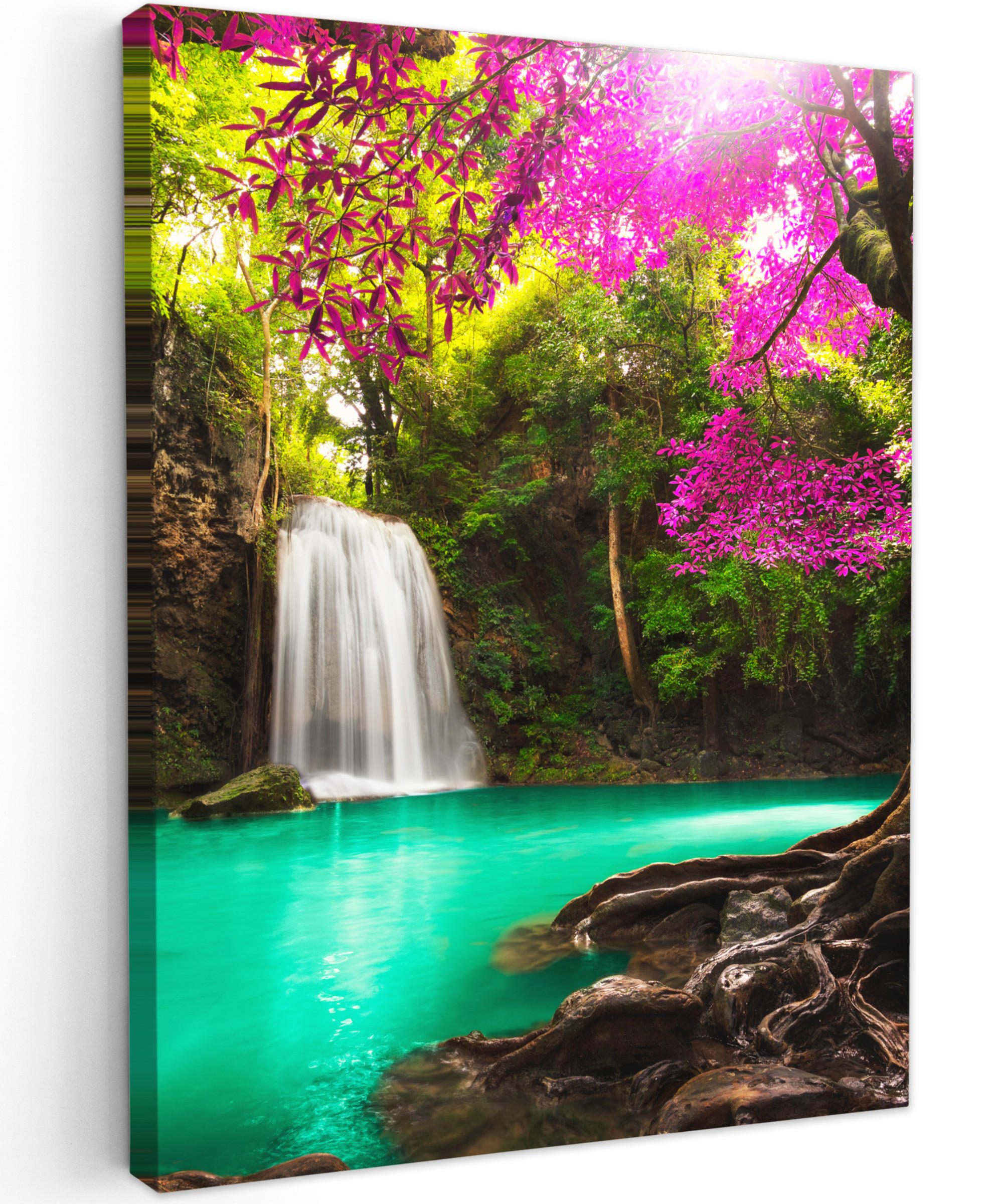 LEINWANDBILD Wasserfall mit bunten Blumen und Bäumen - Natur - Dschungel 60x80 cm - Waldgrün, Textil (60/80cm) - MuchoWow