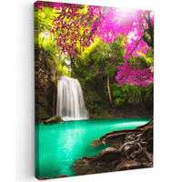 LEINWANDBILD Wasserfall mit bunten Blumen und Bäumen - Natur - Dschungel 60x80 cm - Waldgrün, Textil (60/80cm) - MuchoWow
