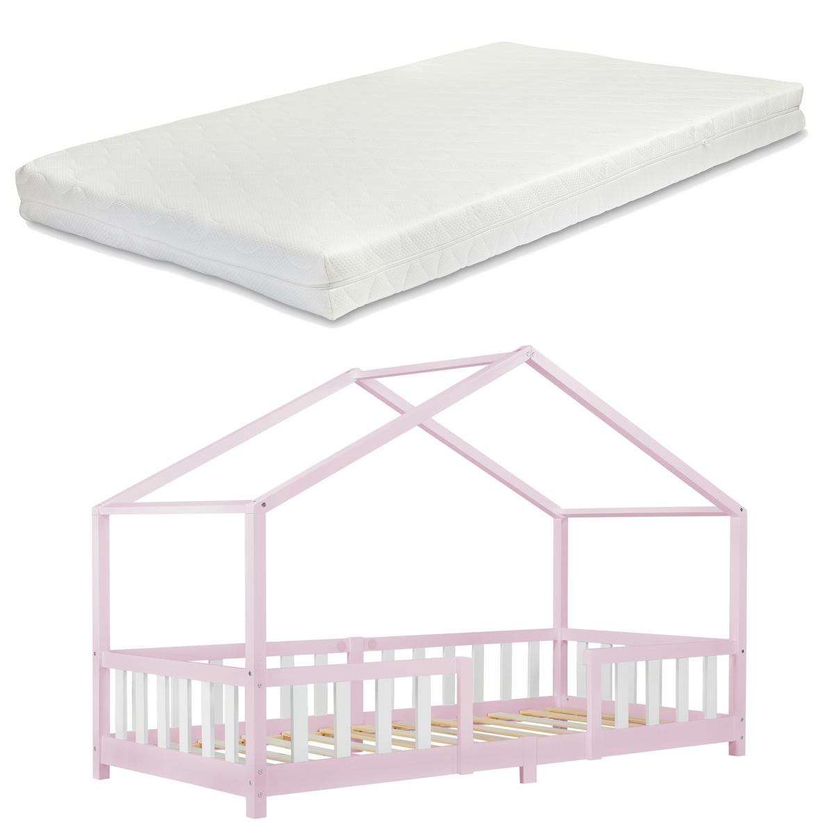 HAUSBETT Treviolo mit Matratze - Hellrosa/Weiß, Holz/Textil (90/200cm) - [en.casa]