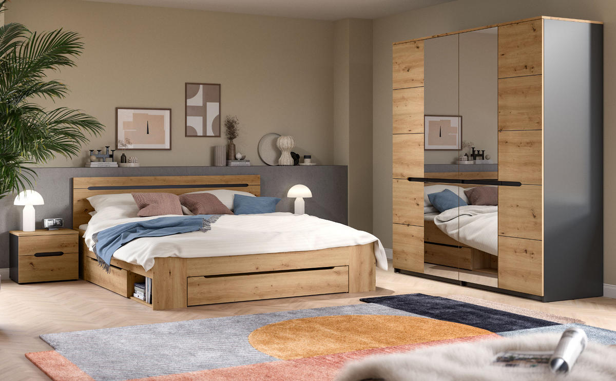 SCHLAFZIMMER Set 4-teilig Eiche Artisan, grau, Komplettset mit Kleiderschrank, Bett und 2x Nachttisch - Eiche Artisan/Grau, Glas/Holzwerkstoff - Inn.Furn