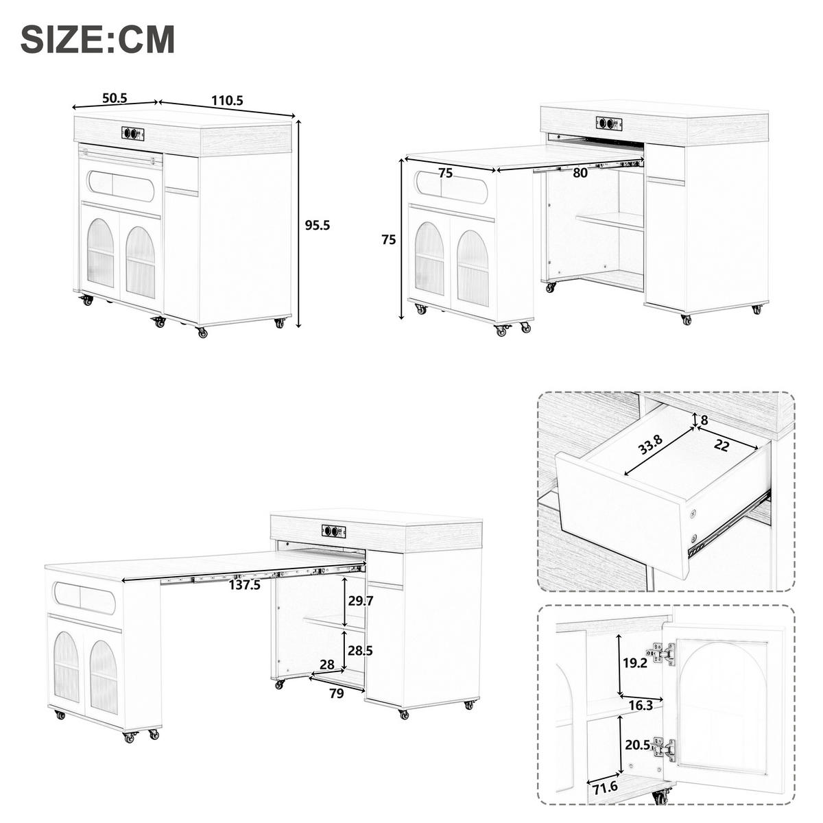 KÜCHENINSEL 50,5~187,5/110,5/95,5 cm weiß walnussfarben aus MDF mit Auszug und Steckdosen - Walnussfarben, Holzwerkstoff (110.5/95.5/50.5cm) - OKWISH