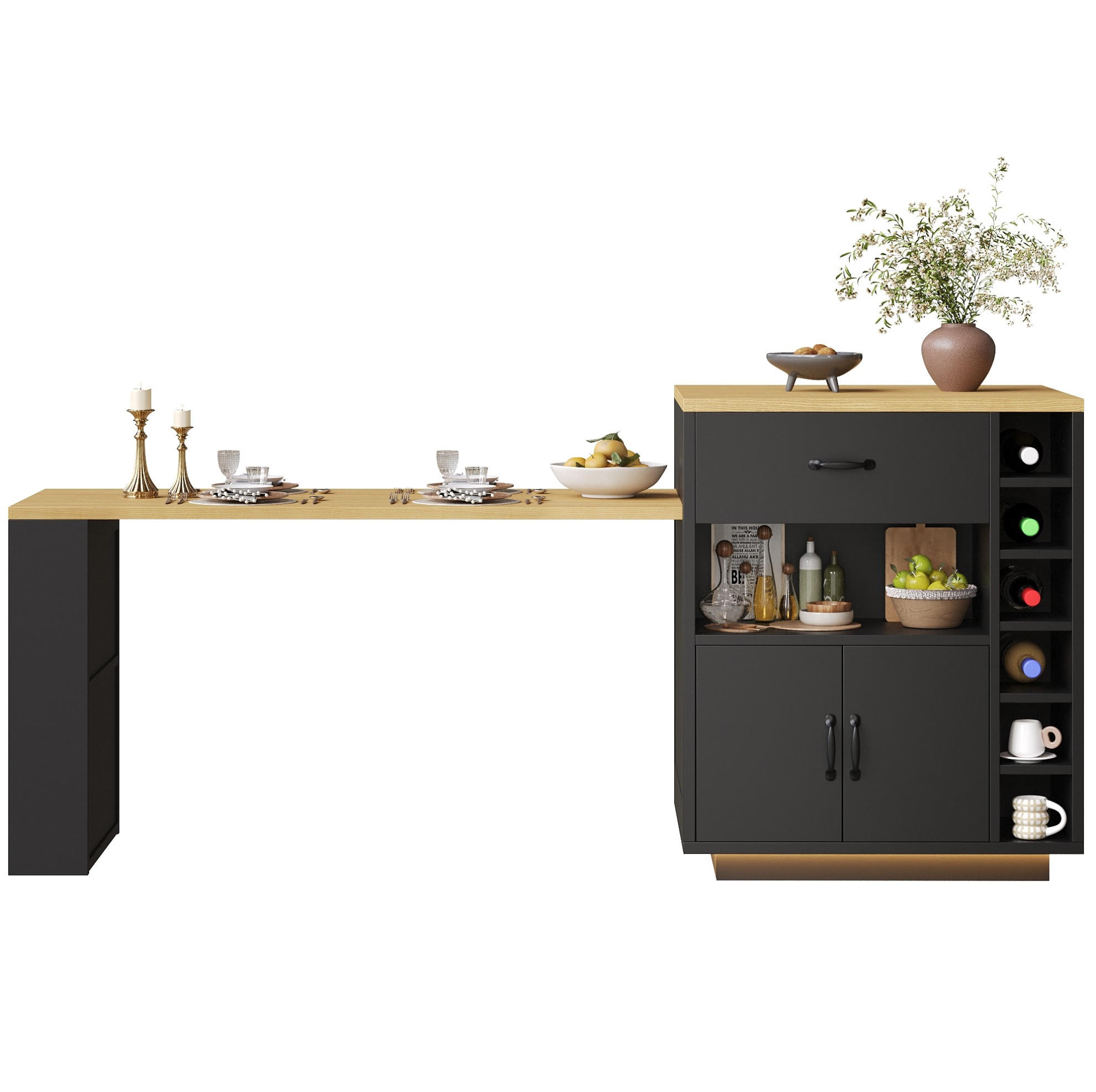 KÜCHENINSEL 80/70/95,5 cm schwarz aus MDF mit Ausziehtisch - Schwarz, Holzwerkstoff (80/95.5/70cm) - OKWISH
