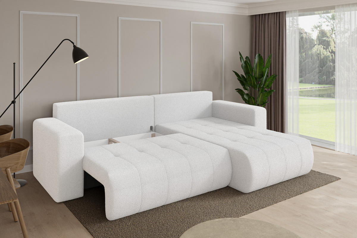 ROHOVÁ SEDAČKA s funkcí spaní, otoman vpravo MILA-L 277x194x86 bílá bouclé - bílá/černá, kompozitní dřevo/textil (277/194cm) - ALTDECOR