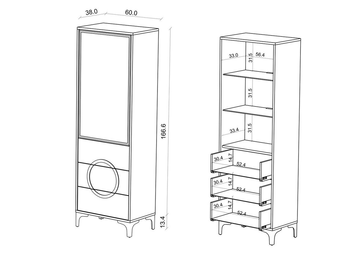 VITRINE Eva, Weiß, Silberne Akzente, Hochglanz - Weiß Hochglanz/Silberfarben, Holzwerkstoff/Metall (60/180/38cm) - Kayani