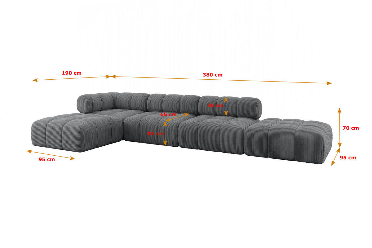ECKSOFA modulares Sofa Kerru-L2 - 380x190x70 cm Dunkelgrau Cord - Dunkelgrau, Holzwerkstoff/Textil (380/190cm) - ALTDECOR
