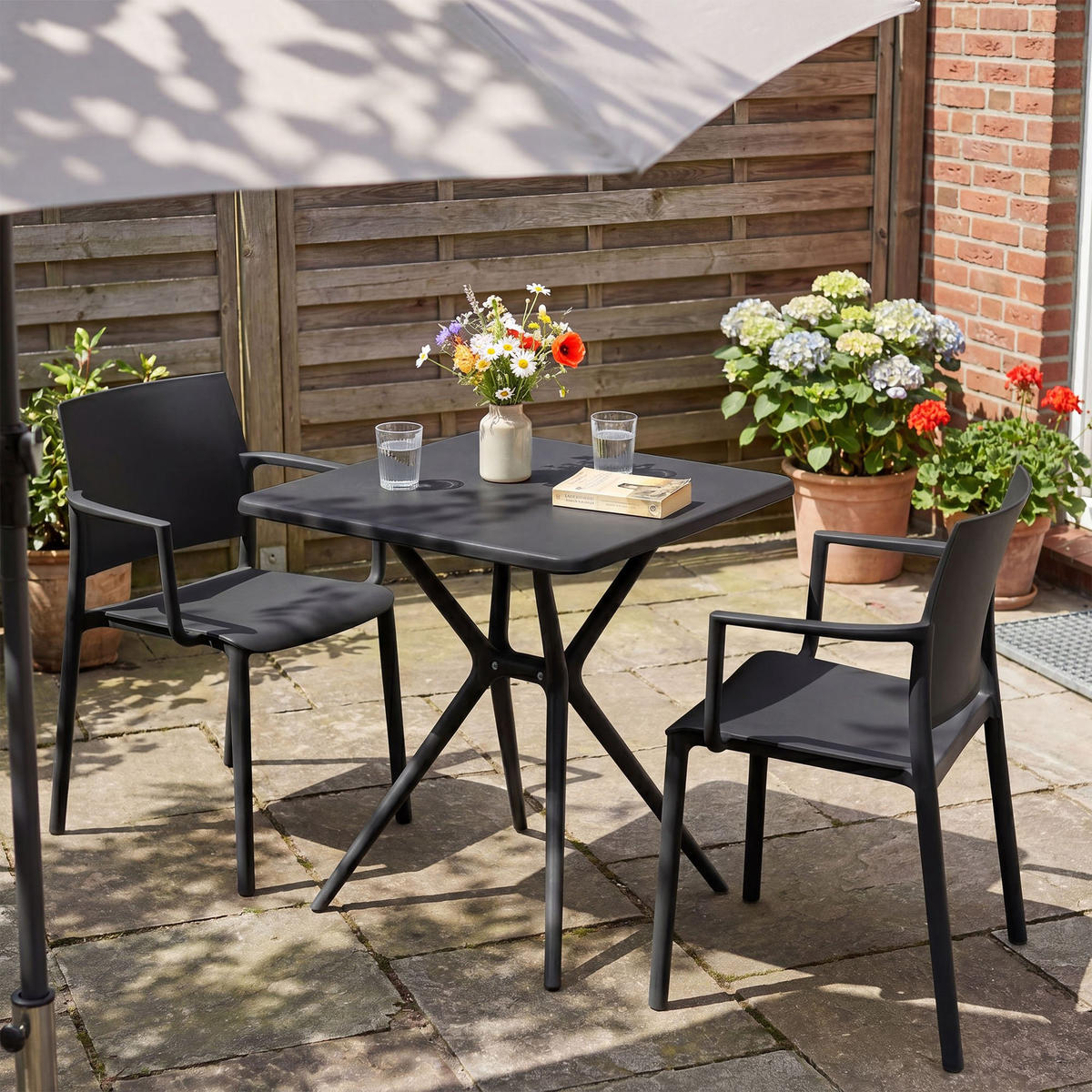 GARTENMÖBEL-SET Frida 2 Stühle 186x72x81cm Kunststoff Schwarz Balkonset - Schwarz, Kunststoff - DELUKE