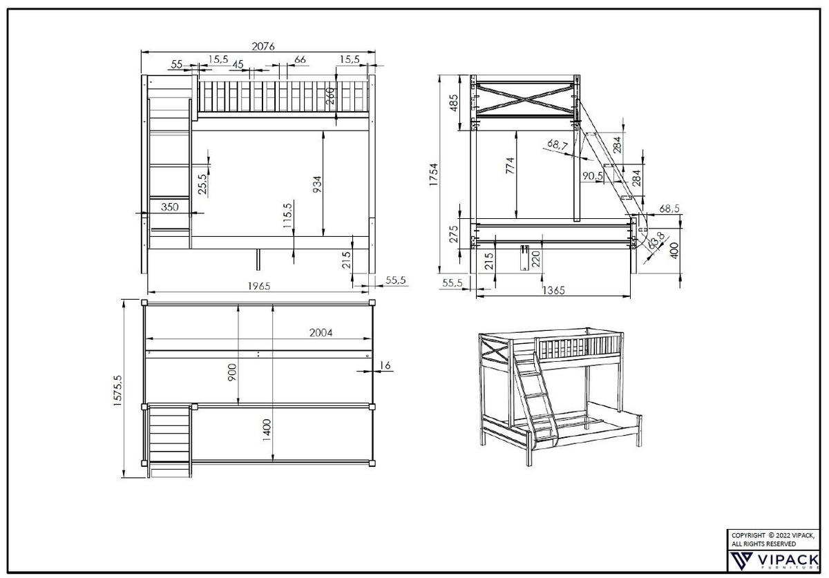 ETAGENBETT Karyl 208x175x158 aus Massivholz in Weiß - Weiß, Holz (90/200cm) - 58aufmkessel