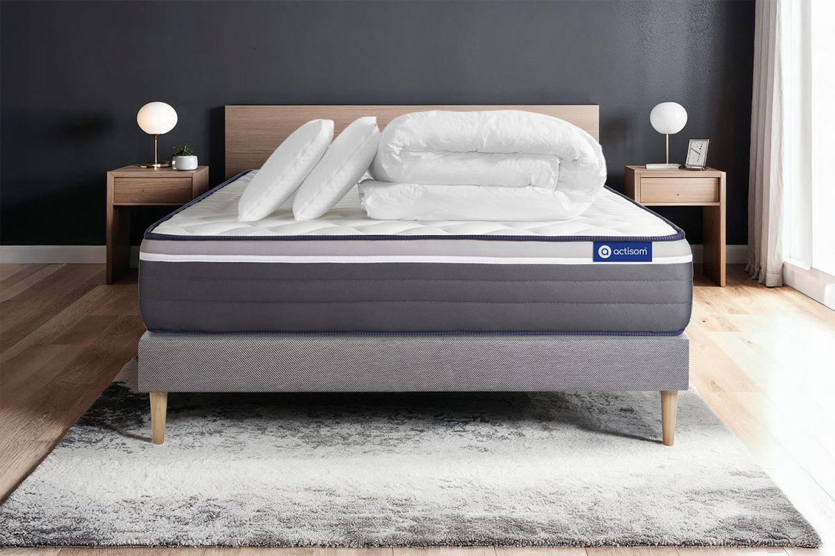 BETT Actiflex plus Taschenfederkern und Memory-Schaum 200 x 200 cm h4 - Kit Bettgestell Grau - Mit Kissen und Bettdecke - Beige/Grau, Karton/Holz (200/200cm) - ACTISOM