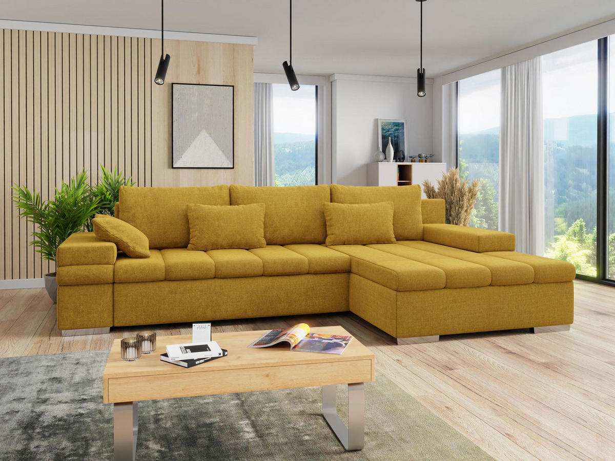 ECKSOFA Bangkok Premium, Seite: Rechts - Currygelb/Silberfarben, Holz/Textil (310/175cm) - MIRJAN24