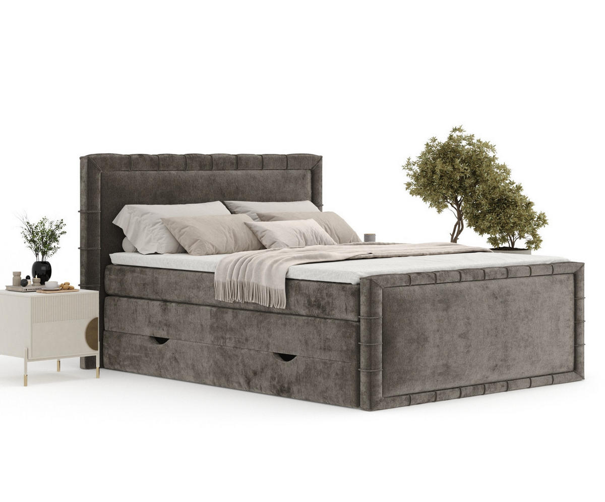 BOXBETT Estelle Braun 140/200 cm im Chenille-Stoff - Schwarz/Braun, Holz/Holzwerkstoff (140/200cm) - Maison de Reve