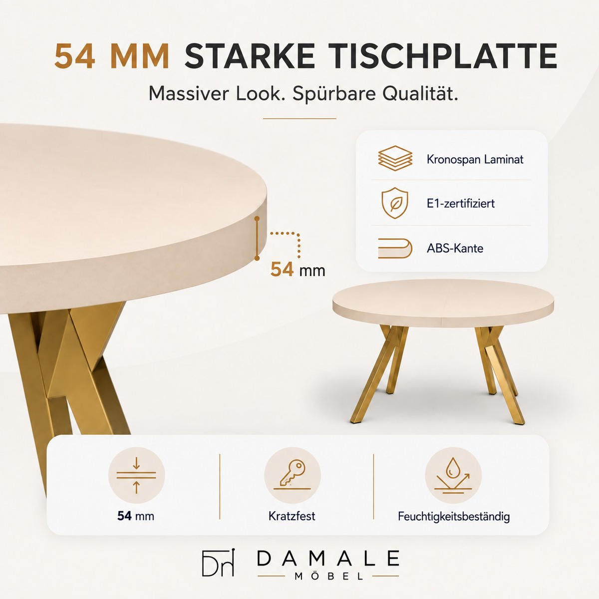 ESSTISCH rund ausziehbar 110/310/76 cm, Kaschmir, 54 cm Tischplatte + Y Metallgestell Gold - Kaschmir/Goldfarben, Holzwerkstoff/Metall (110/310/76cm) - Damale Möbel