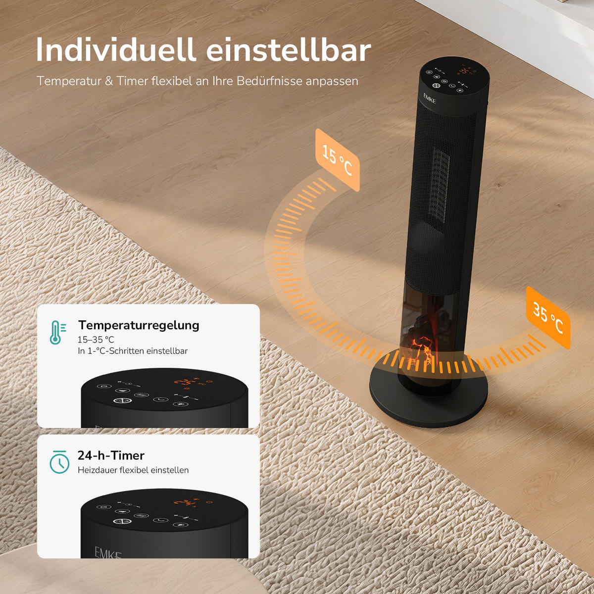 HEIZLÜFTER 83 x 26 cm, LED-Anzeige, Fernbedienung, Schwarz matt - Schwarz, Kunststoff (26/26cm) - EMKE