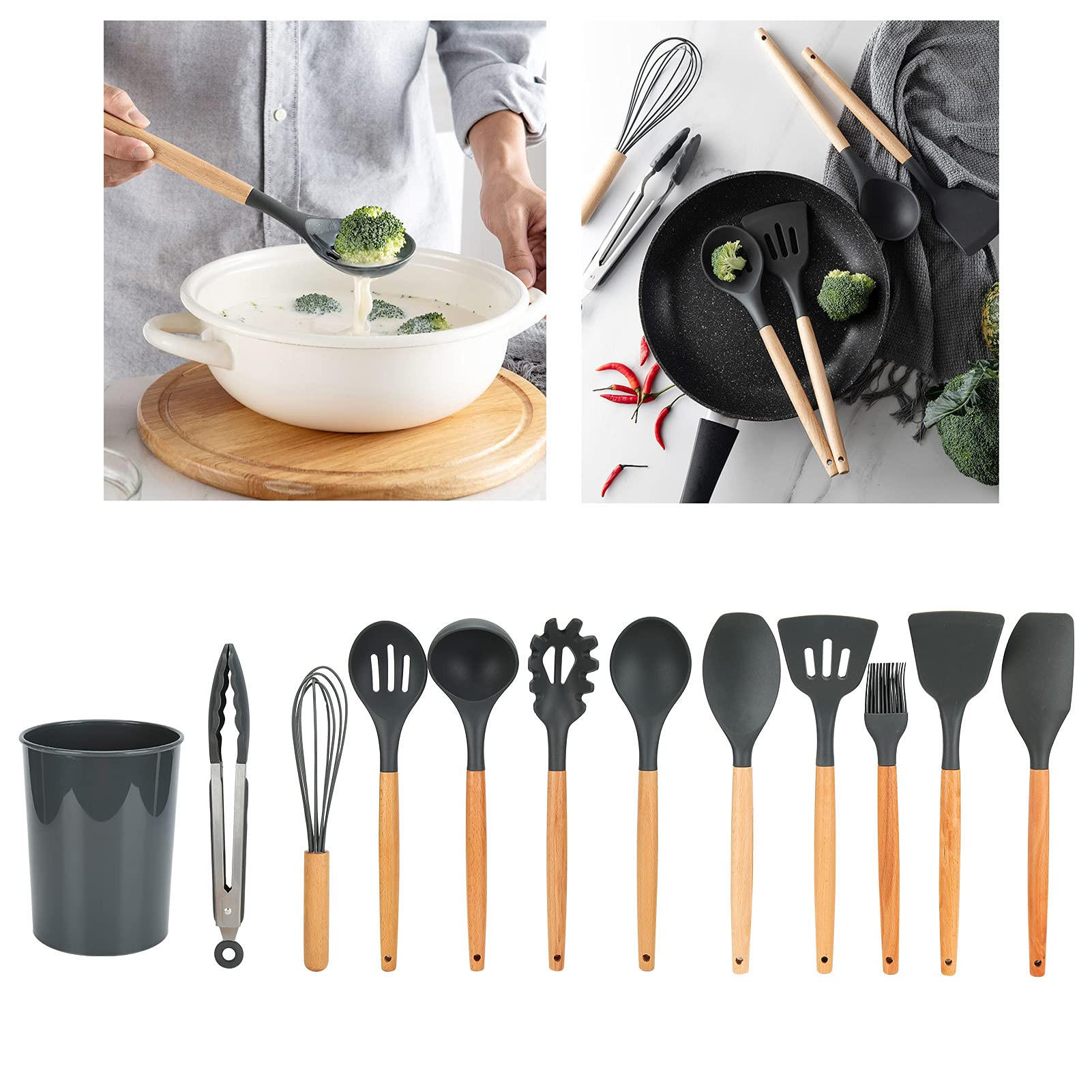 KÜCHENHELFER-SET, 12-teilig, Silikon, Buchenholz, hitzebeständig, BPA-frei, mit Behälter - Schwarz, Metall - PARAFTA HOME