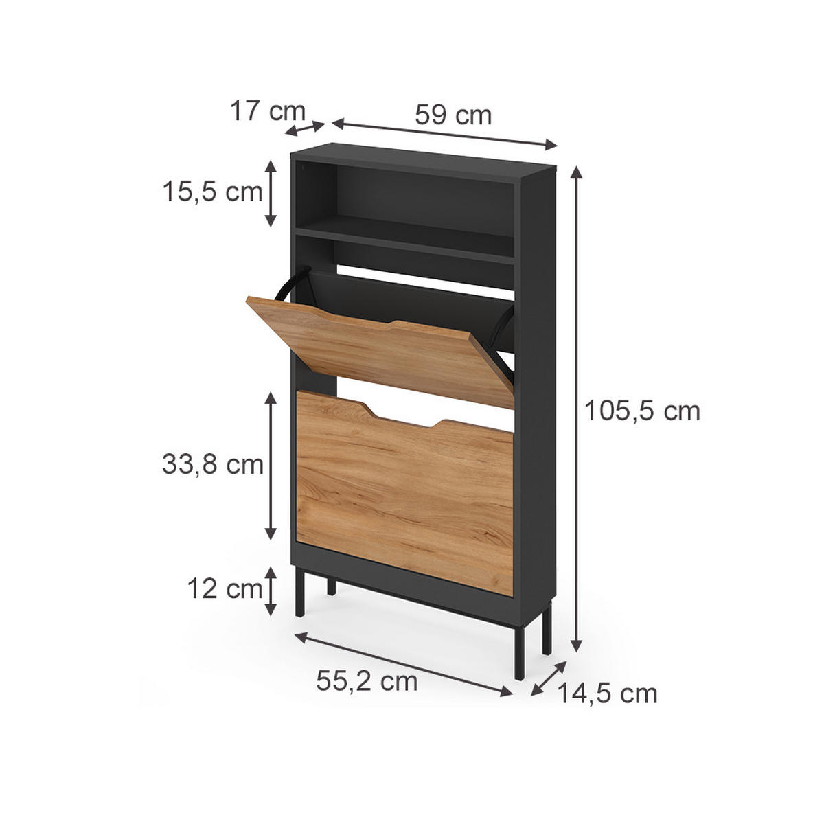 SCHUHKIPPER Luca, Anthrazit/Goldkraft Eiche, 59 x 105.5 cm mit 2 Kippfächern - Honigeiche/Anthrazit, Holzwerkstoff (59/105.5/17cm) - Vicco