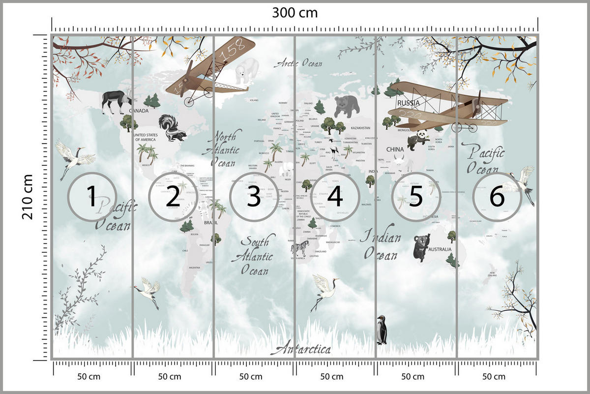 FOTOTAPETE für Kinderzimmer Weltkarte Tiere Flugzeuge Pflanzen 300x210 - Blau/Beige, Papier (300/210cm) - Muralo