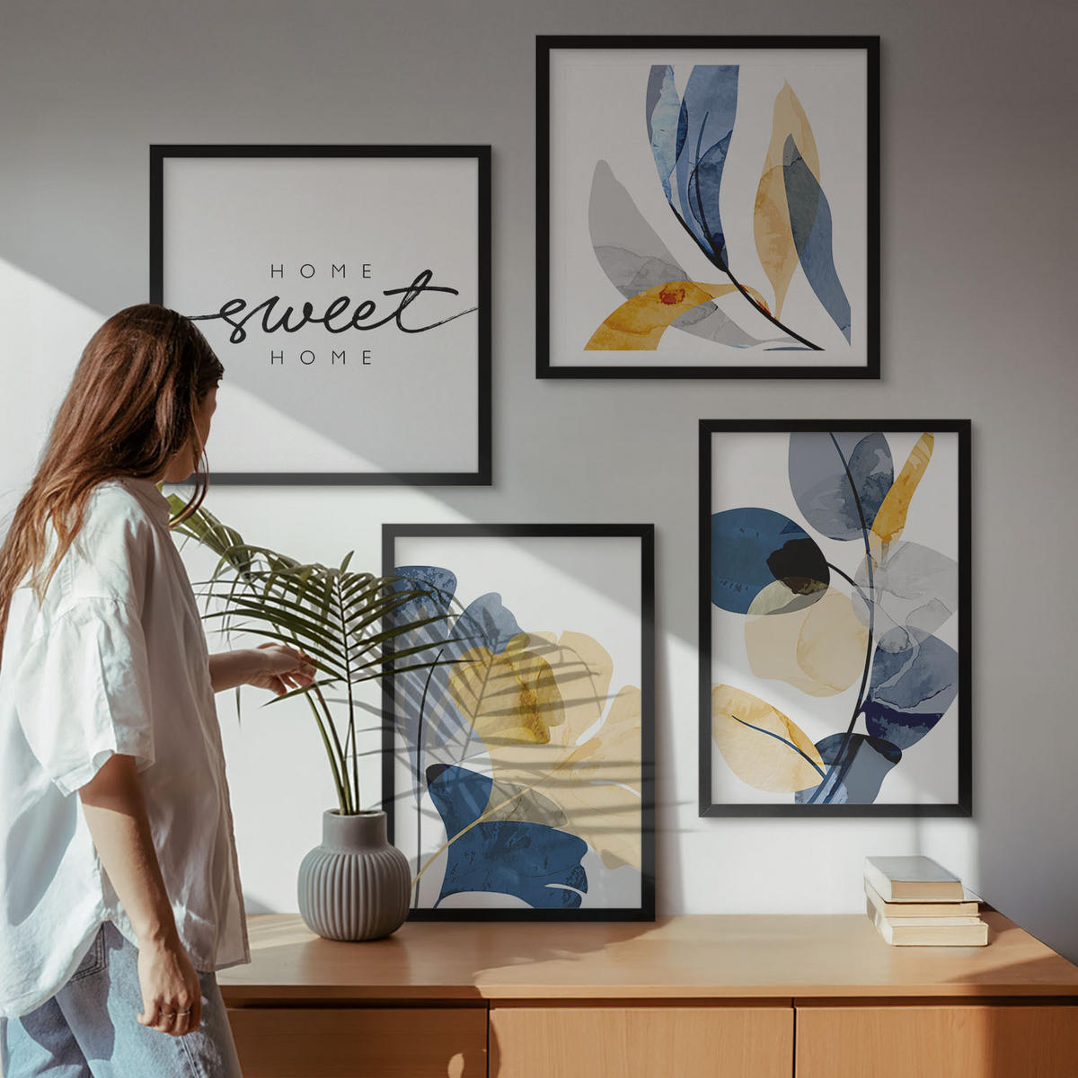 BILDER SET 4er Set - 50x50 cm & 40x60 cm Schwarzer Rahmen - Aquarell-Pflanzenmotive - Schwarz, Kunststoff (50/50cm) - TULUP