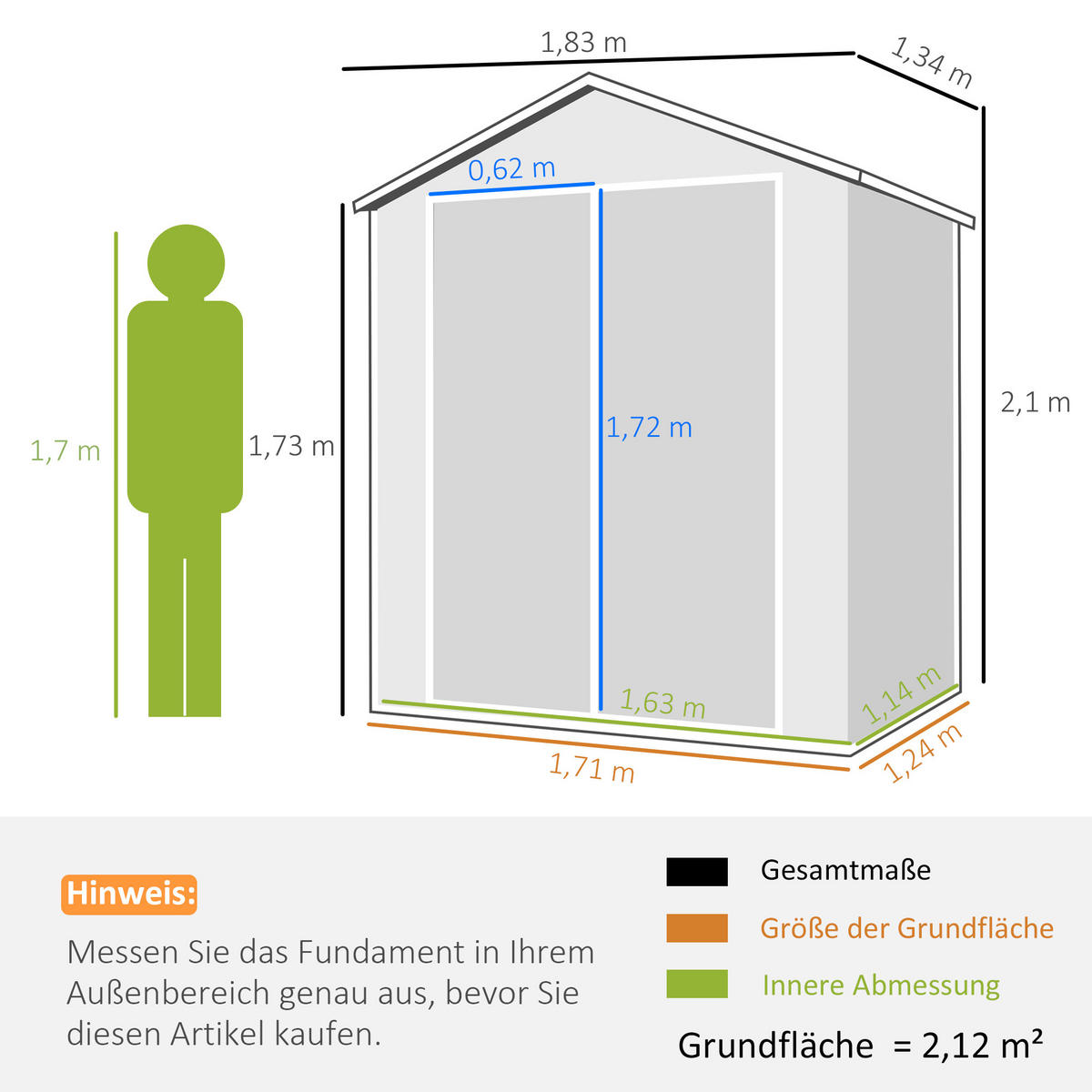GERÄTEHAUS mit Pultdach, 2,12 m² Gartenhaus mit Fenster, Geräteschrank, Grau - Grau, Metall (134/210/183cm) - Outsunny