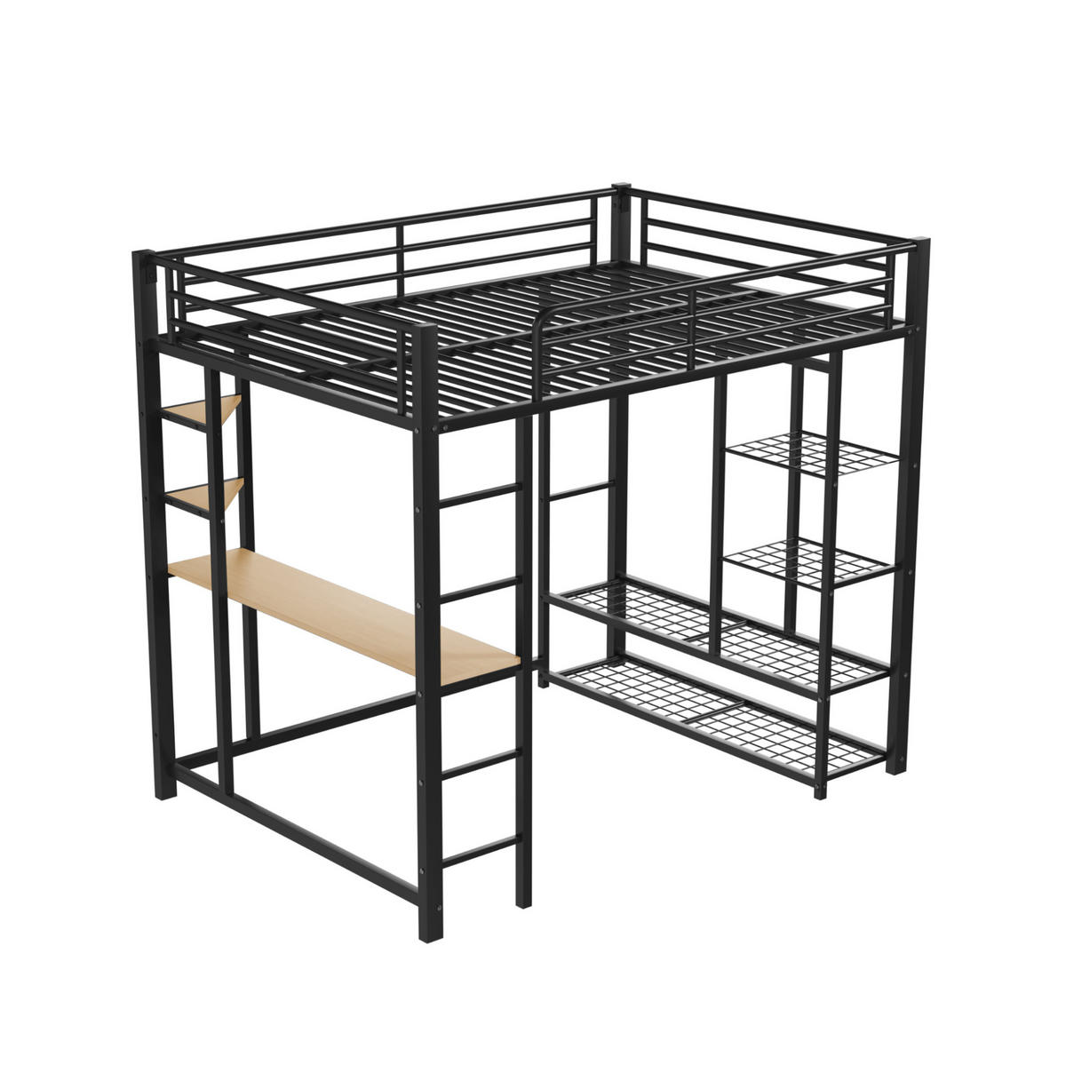 HOCHBETT 140/200 cm Schwarz mit Schreibtisch und Regal ohne Matratze - Schwarz, Metall (140/200cm) - MIVRAY