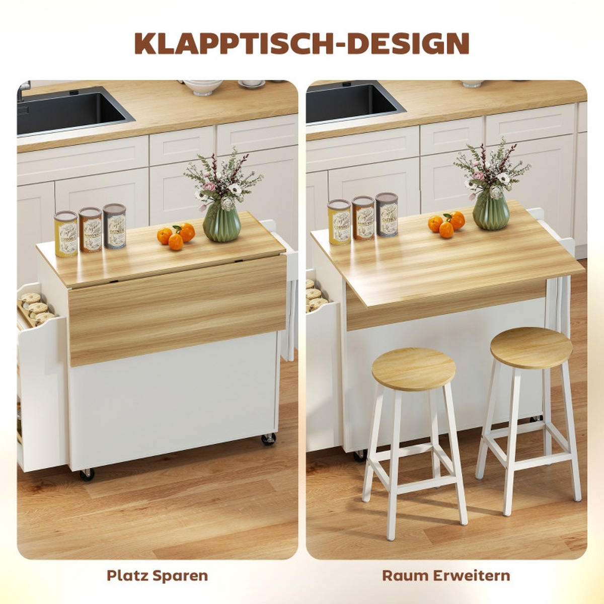 KÜCHENINSEL faltbar 120x68x85cm Weiß mit erweiterbarer Platte & Schublad - Weiß, Holz (120/85/68cm) - Modfu