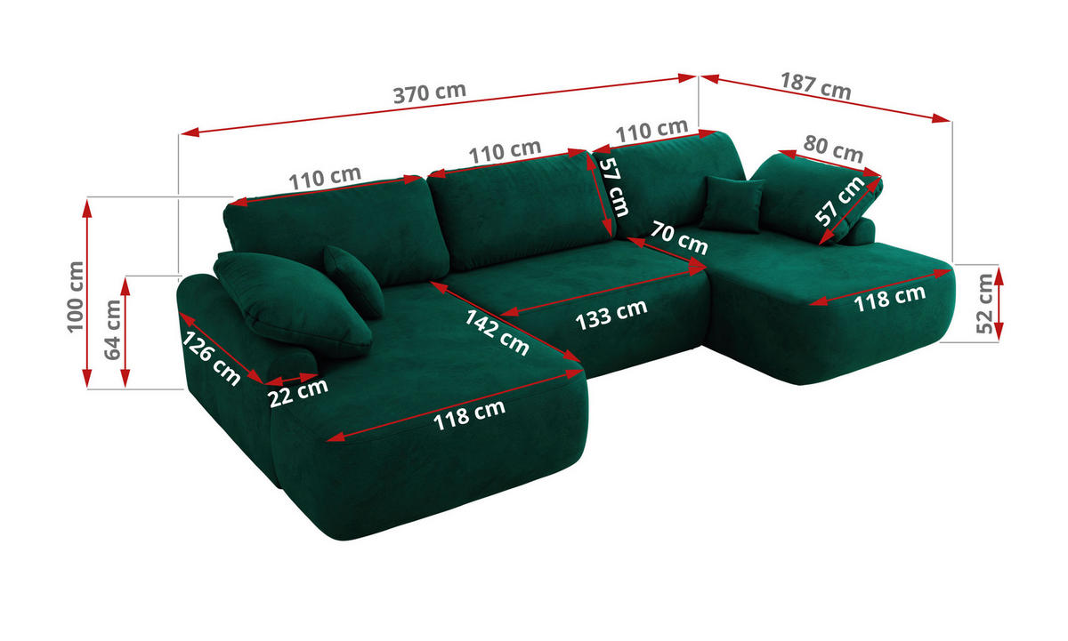 WOHNLANDSCHAFT CUBO U Dunkelgrün Velvet - Dunkelgrün/Schwarz, Kunststoff/Textil (370/100/187cm) - MKS